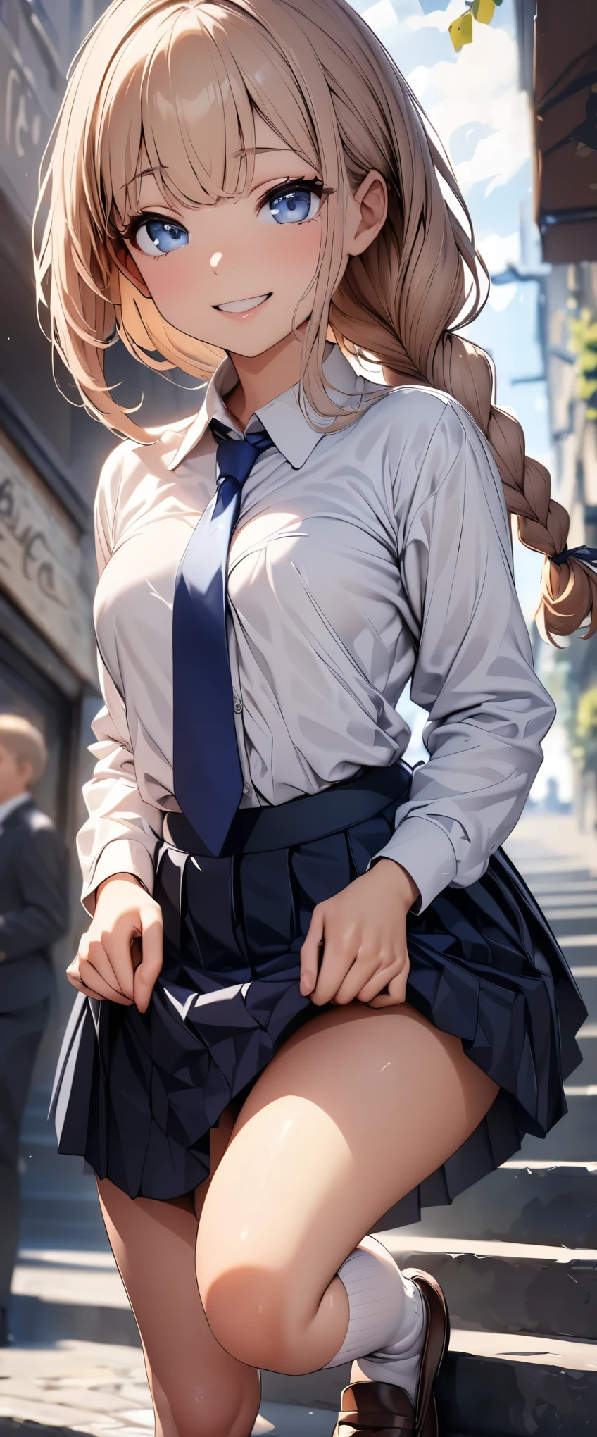 (highest quality, 4k, 8K, High resolution, masterpiece:1.2), Super detailed, Cafe, residential street, long stairs, woman climbing, low angle shot:1.2, (1 person, JK, , blazer, white shirt, blue tie, pleated skirt, white socks, loafers), (smile), glossy lips, turn around, view audience, (Details of a well-formed face, beautiful eyes), ((Well-formed fingers)), hold the skirt with one's hands, light brown hair, braided ponytail, cute, genuine, young beauty, Correct perspective, background blur taste,