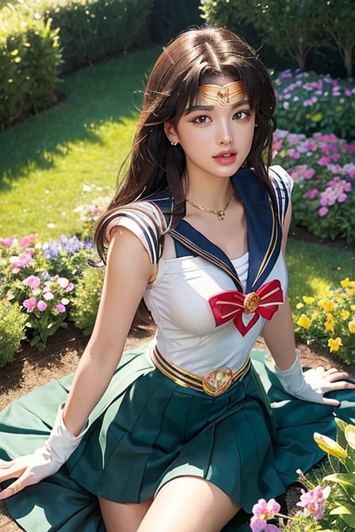 (Highly Detailed CG Unity 8K Wallpaper, masterpiece, Highest quality), (Exquisite lighting and shadows, A very dramatic picture, cinematic lens effects), (Sailor Moon: 1.4), Delicate facial features, Cute Smile, Star Eyes, ((Dark green hair)), Tight Top, White gloves, mini skirt, Dynamic pose, lying in the garden), (Blooming garden background) (Amazing details, Excellent lighting, Wide-angle), (Excellent rendering, I'm so proud of my species),