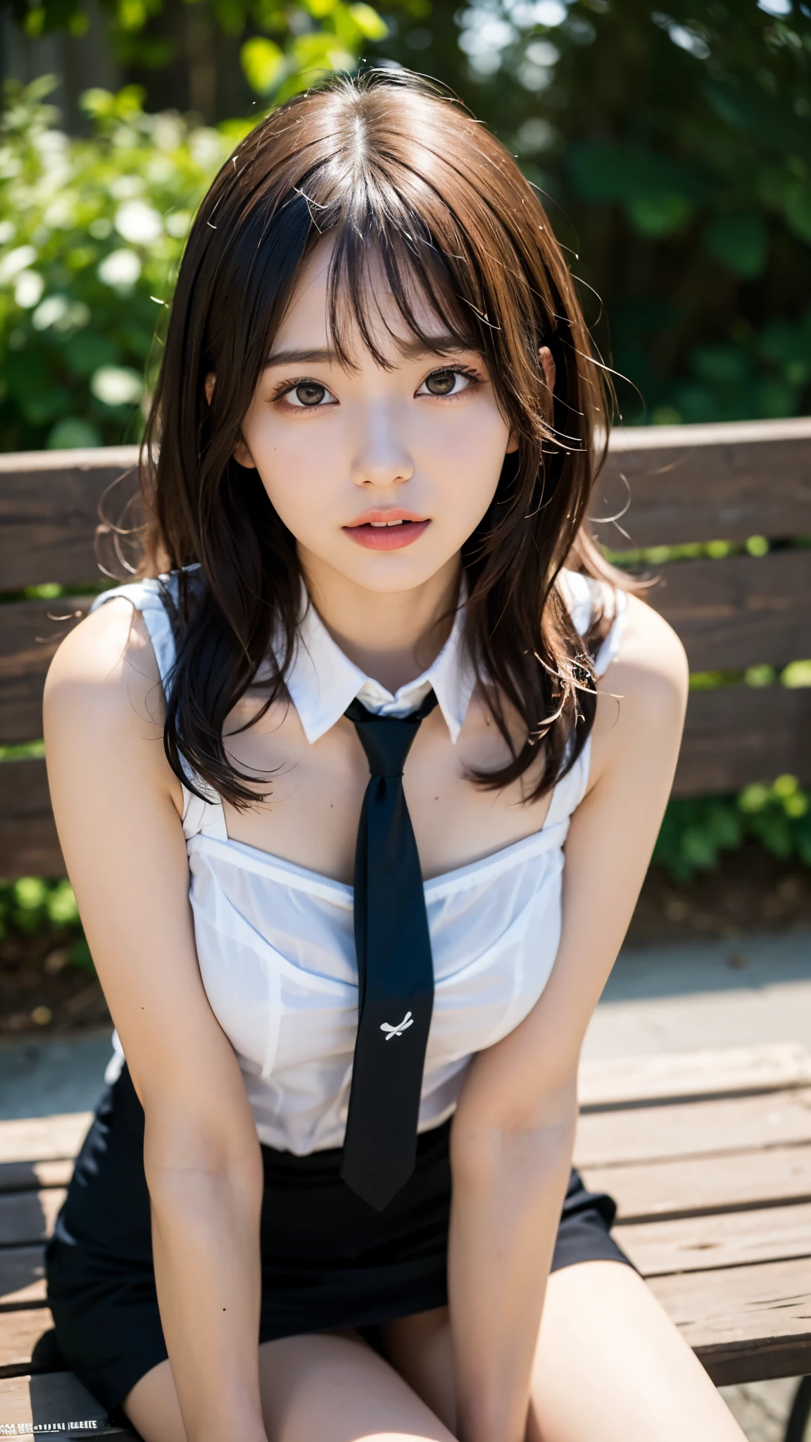 (table top, highest quality:1.2), 8K, 15 year old student, 85mm, official art, Raw photo, absurd, naked, cute face, close, Upper body, violaces, gardenia, beautiful girl, gwen stacy, Cinch West, thighs thighs thighs, sit on a bench seat, looking at the viewer, no makeup, (smile:0.4), film grain, chromatic aberration, sharp focus, face light, clear lighting, , detailed face, background bokeh, into the spiderverse, Youghal, Both breasts, cum on facial,(dark red tie:1.1)