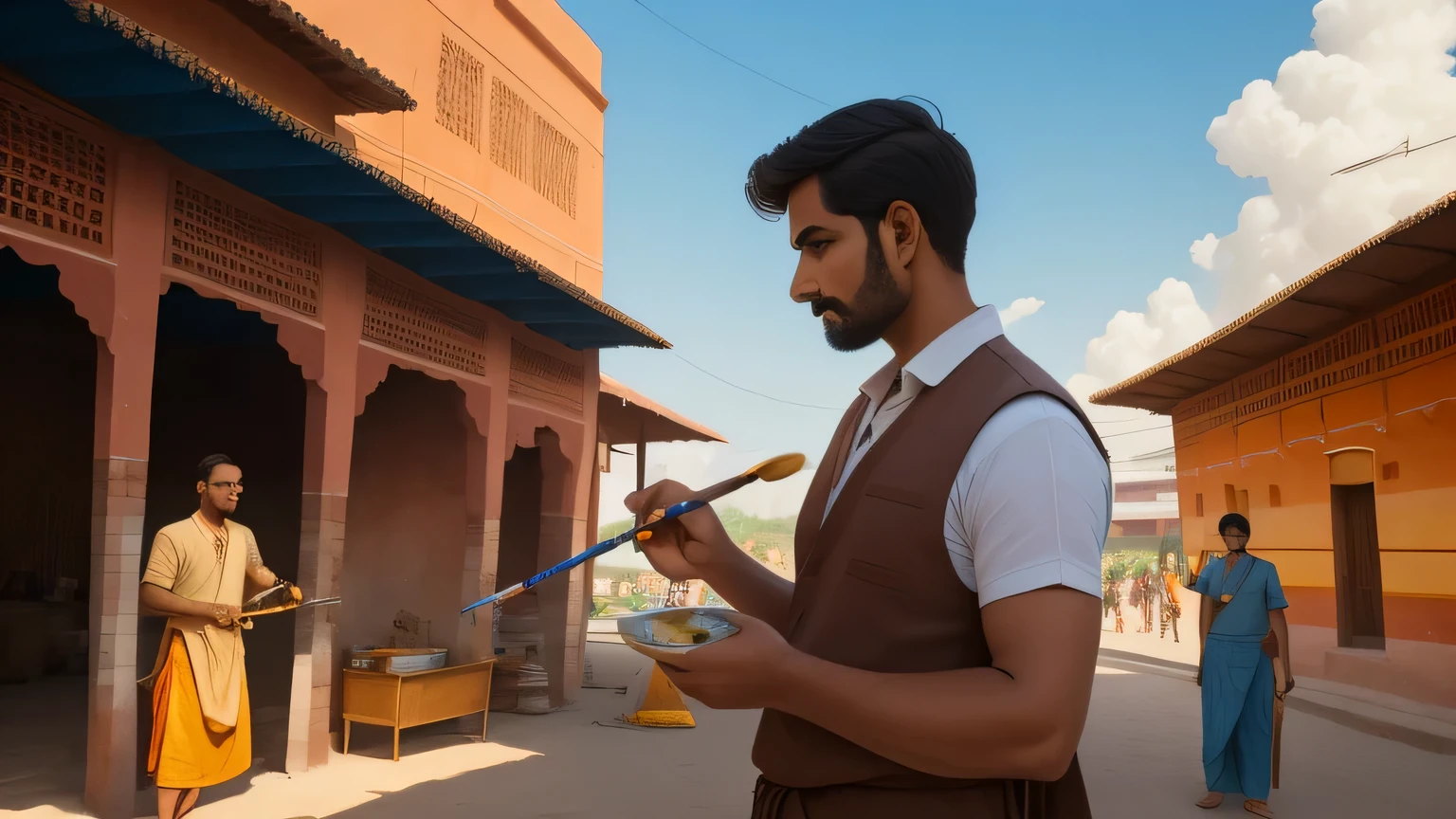 1 名man, man，man，Brush in hand，painter，artist，Beautiful and delicate brown shiny short hair, indian clothing, The background is in the Indian city, blue sky, cloud, emit diffuse light, cool breeze, detail, masterpiece, high quality