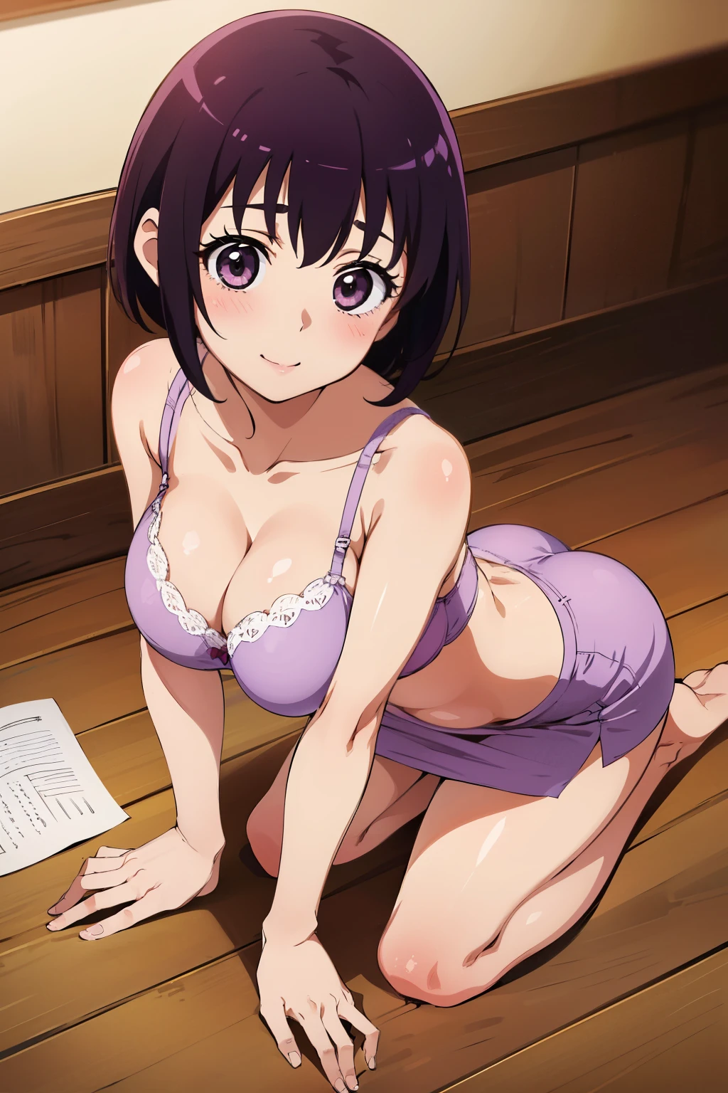  highest quality, High resolution, 1 girl, focus only, (big breasts:1.2), hair ribbon, blush, embarrassing, (From above:1.2). shirt lift,bra, ((good)), whole body, (((light purple underwear))), light smile, fine and clear eyes, ),(精巧にデザインされたbra), pencil skirt, skirt lift, skirt lift , ((get down on all fours)),cowboy shot