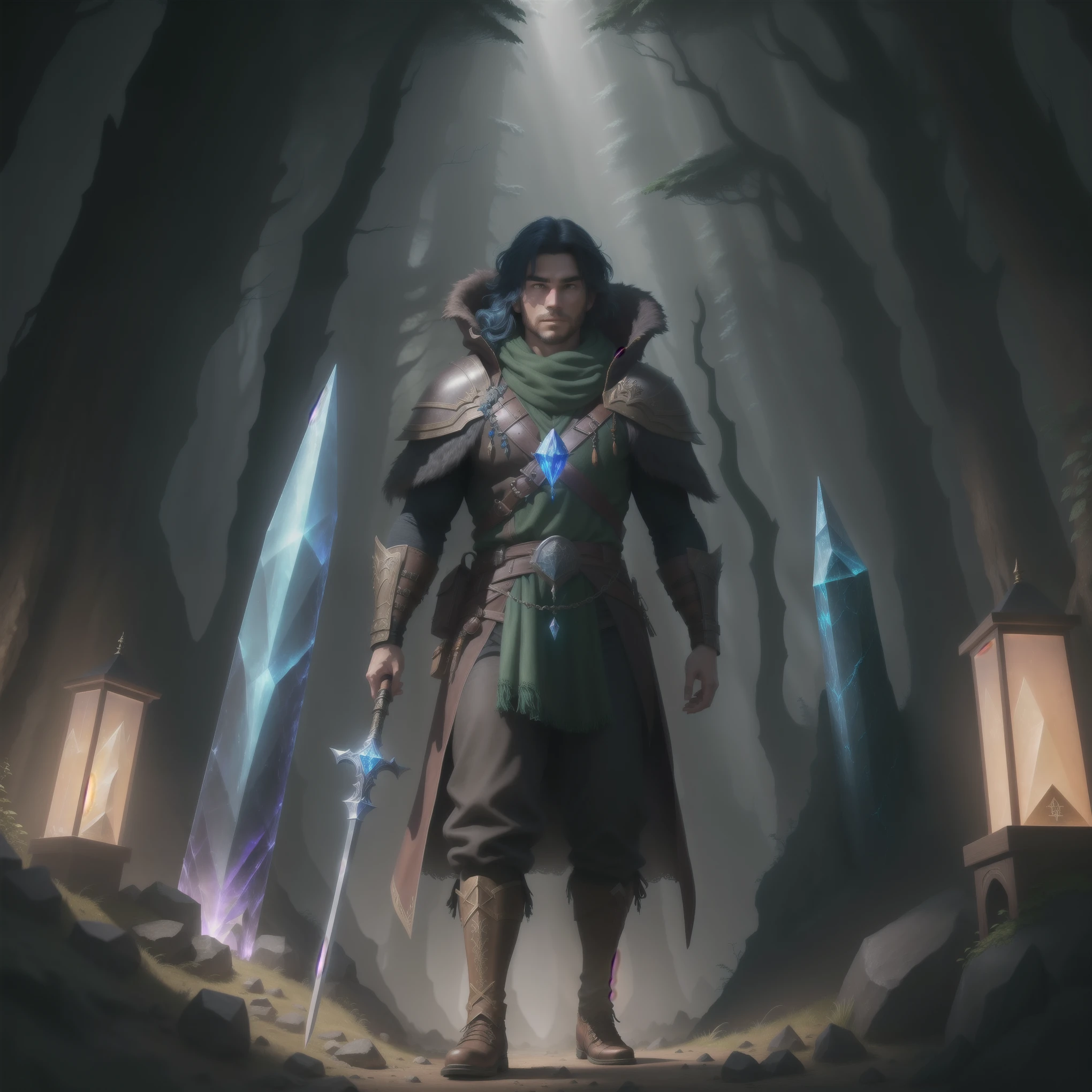A heroic adventurer exploring a dark forest filled with mysterious runes and a magical crystal, inside a vast underground cave filled with ancient dragon, sword, shield, and an old castle. The scene is depicted in a fantasy art style, with vivid colors, sharp focus, and ultra-detailed features (best quality, 4k, highres, masterpiece:1.2), along with studio lighting to enhance the realism and atmosphere.