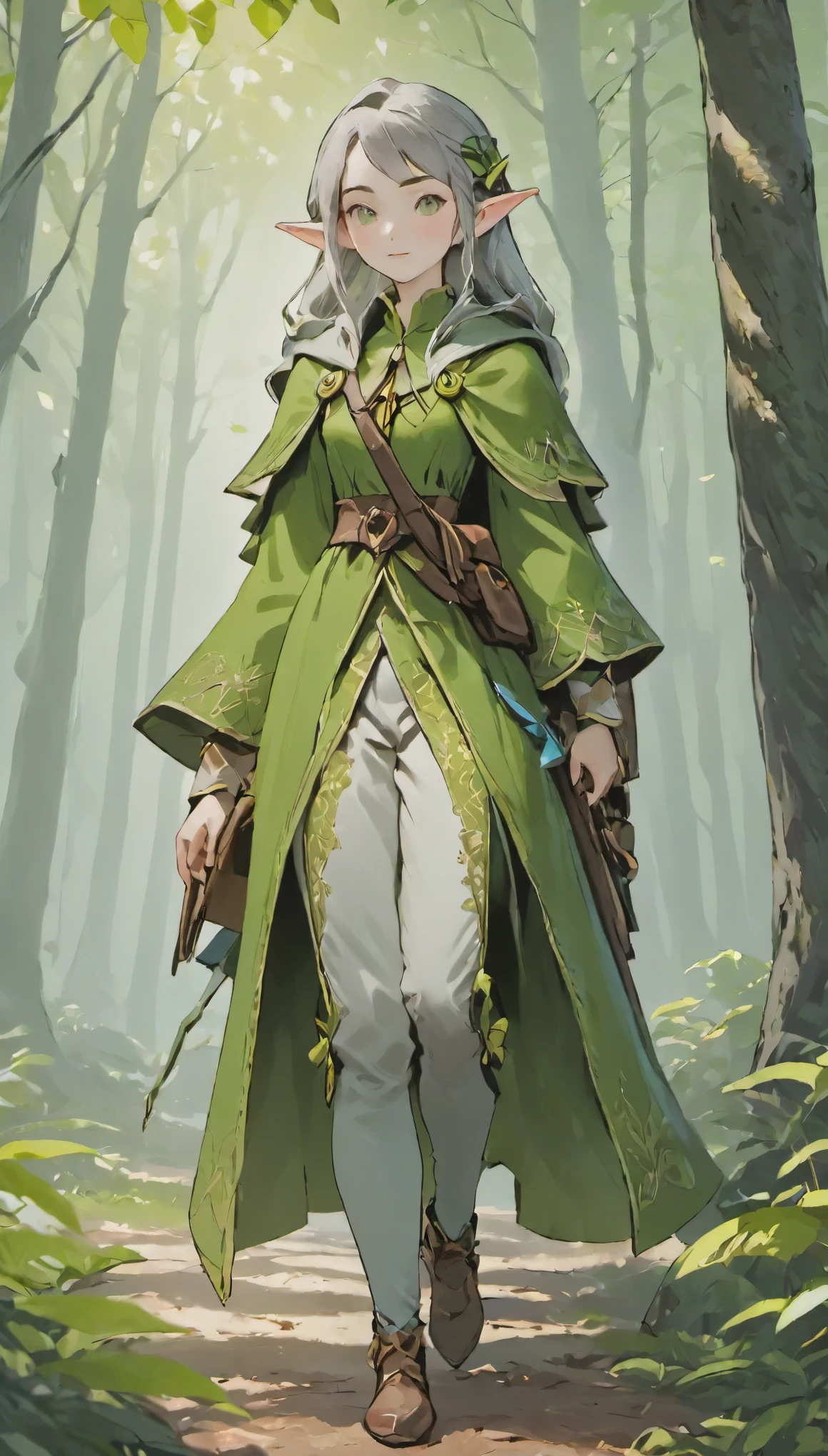 female adventurer, full body, Game Art Style, (masterpiece), highest quality, 4k, 8K, Detail view, intricate details, cinematic lighting, amazing quality, 1 girl, elf ears、green national costume、gray hair、have a bow、Carry a quiver on your back、sharp eyes、Deep woods、virgin forest、great shading, soft lighting