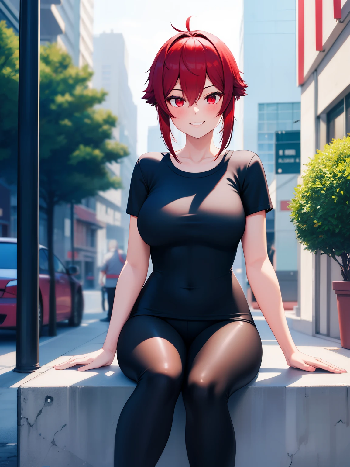 8k, best quality, masterpiece, ultra-detailed,1girl,solo,walking,half body photo,red eyes,red hair,Sitting, smiling, black t-shirt, black leggings, long leggings,ultra detail, ultra HD