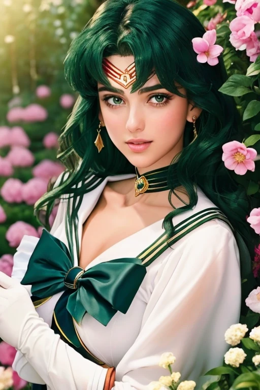 (Extreme Detail CG Unity 8K wallpaper, masterpiece, highest quality), (exquisite lighting and shadow, highly dramatic picture, cinematic lens effect), (Sailor Moon: 1.4), delicate facial features, charming smile, star eyes, ((dark green hair)), tight top, white gloves, mini skirt, dynamic pose, lying in the garden), (background in a garden full of flowers) (excellent detail, outstanding lighting, wide angle), (excellent rendering, enough to be proud of its kind),