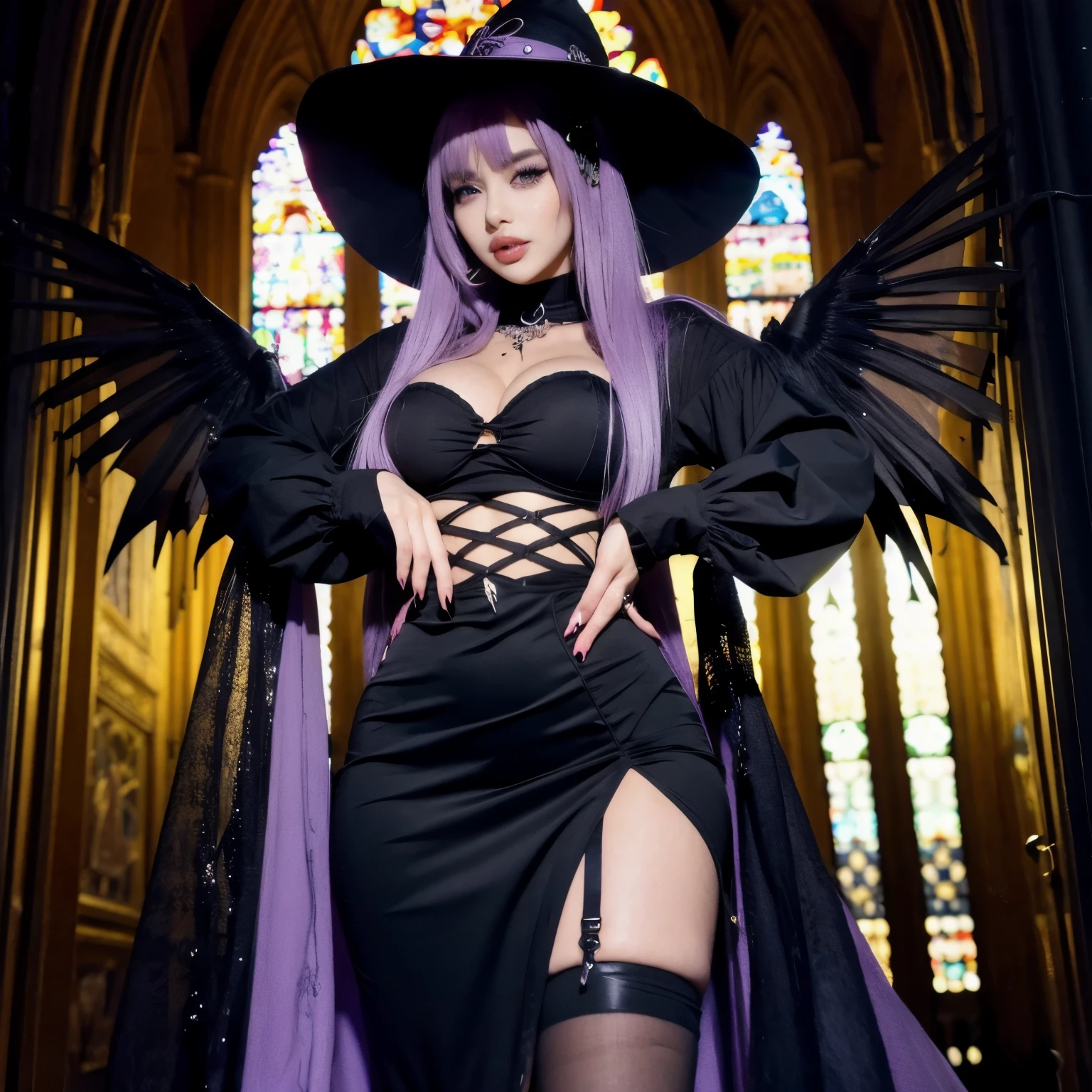 Gothic black witch, purple hair and red eyes, wearing an oversized hat on her head, anime style, dark fantasy background, full body shot, holding two daggers, in a gothic cathedral with many demons around, black uniform dress, cute face expression, detailed outfit design, full body shot, in the style of Artgerm, anime style, high resolution --ar 3:4 --stylize 750