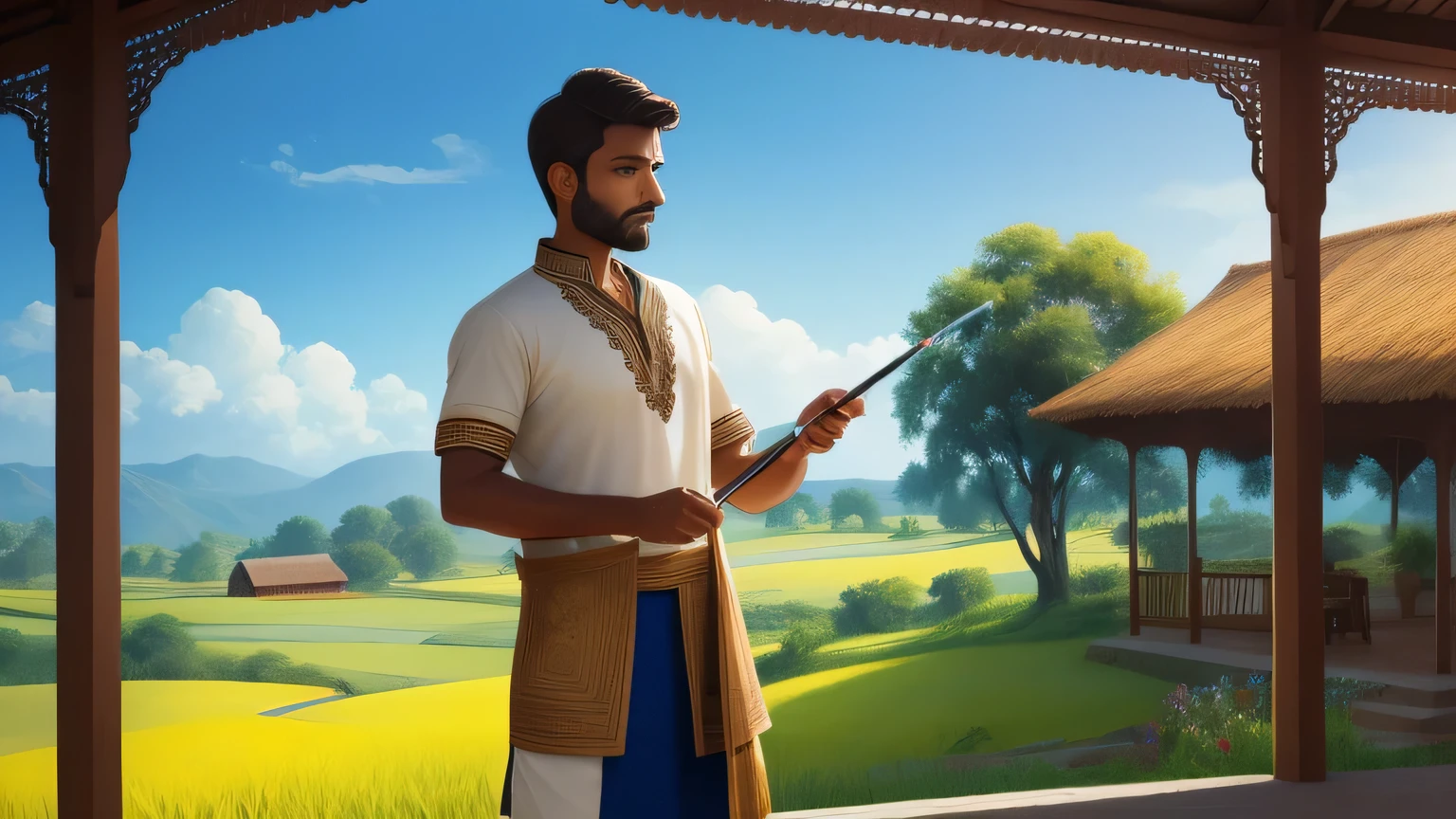 1 man, Brush in hand,painter,artist,Beautiful and delicate brown shiny short hair, indian clothing, The background is in the countryside, blue sky, cloud, emit diffuse light, cool breeze, detail, masterpiece, high quality