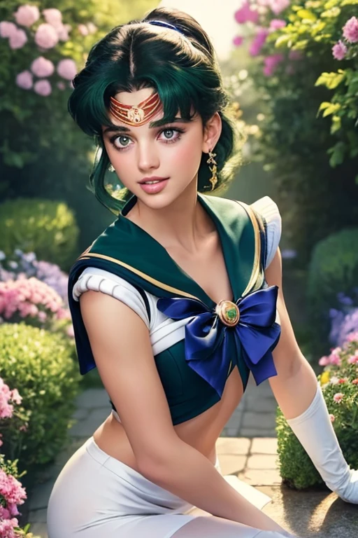 (Extreme Detail CG Unity 8K wallpaper, masterpiece, highest quality), (exquisite lighting and shadow, highly dramatic picture, cinematic lens effect), (Sailor Moon: 1.4), delicate facial features, charming smile, star eyes, ((dark green hair)), tight top, white gloves, mini skirt, dynamic pose, lying in the garden), (background in a garden full of flowers) (excellent detail, outstanding lighting, wide angle), (excellent rendering, enough to be proud of its kind),