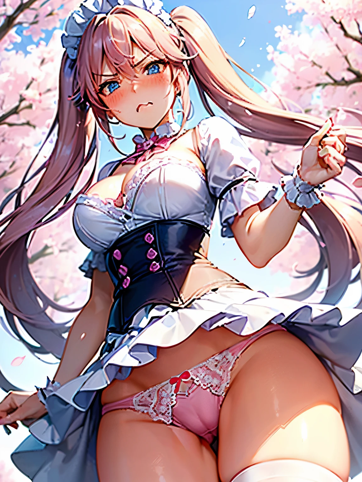 masterpiece,((highest quality)),8k wallpaper,accurate expression,((very detailed explanation)). ((female 1)),20-year-old,super beautiful,((fine facial details)),perfect anatomy,correct anatomy,perfect face,perfect arms,,perfect fingers,perfect waist,perfect thighs,twin tails,(beautiful blonde),((Turn your face 60 degrees to the upper right)),((close your eyes completely:1.5)),I can see the camera flash,light blue eyes,((angry:1.2),((embarrassing 1.1)),((The facial parts are also detailed...)),((blush:1.5)),Wear a white blouse with frills on the collar,wearing a purple corset,maid cosplay,white miniskirt with white ruffles,((raise the hem of the skirt)),((Show off your panties to your audience)),((showing off pink lace panties)),white stockings,((75 degree angle from bottom)),close up shot,french model. The background is a cherry tree,spring,noon,The wind is blowing,Many cherry blossom petals are falling,wonderful.