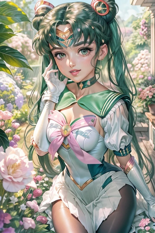 (Extreme Detail CG Unity 8K wallpaper, masterpiece, highest quality), (exquisite lighting and shadow, highly dramatic picture, cinematic lens effect), (Sailor Moon: 1.4), delicate facial features, charming smile, star eyes, ((dark green hair)), tight top, white gloves, mini skirt, dynamic pose, lying in the garden), (background in a garden full of flowers) (excellent detail, outstanding lighting, wide angle), (excellent rendering, enough to be proud of its kind),