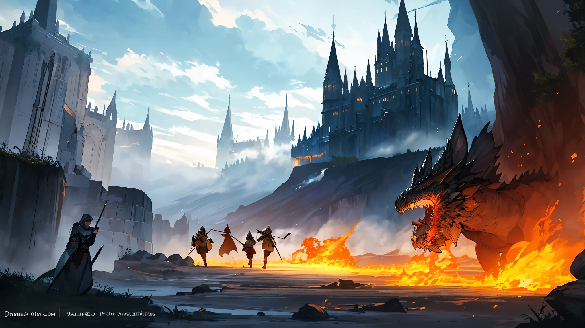 (Dungeons & Dragons), a fantasy digital illustration,high-res,ultra-detailed,best quality,photorealistic,medieval theme,dark atmosphere,dramatic lighting,dragons,fierce battles,heroic adventurers,magic spells,epic landscapes,ancient ruins,gloomy dungeons,enchanted forests,majestic castles,mysterious creatures,treasure hoards,mythical artifacts,wizardry and sorcery,medieval weaponry,princess in distress,brave knights,valiant warriors,evil sorcerer,lava-filled caverns,vivid colors,hazy mist,mystical glow,adventure and danger
