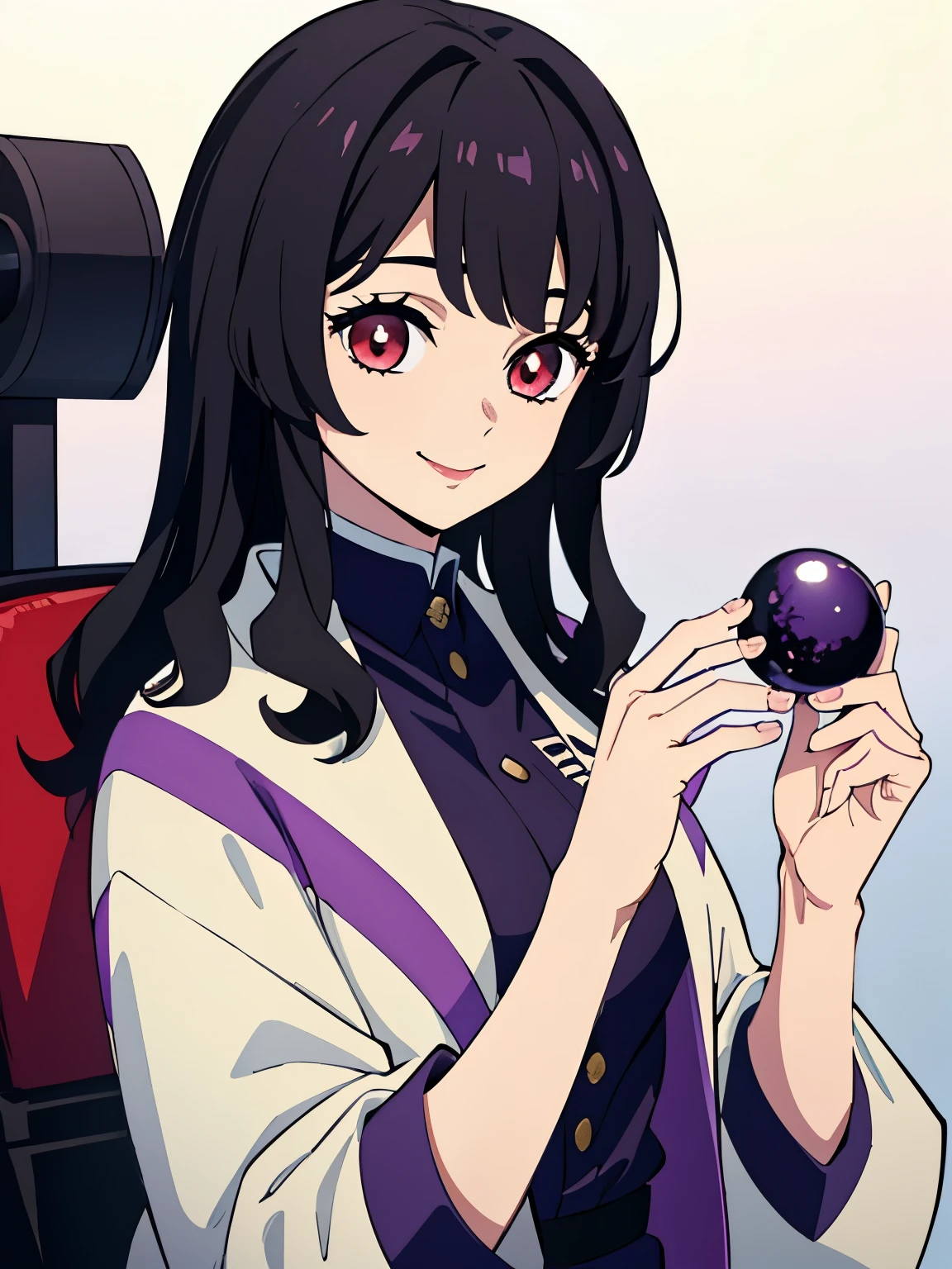 (master piece), (最high quality), (Excessive digitization),(illustration), (a 1 girl), (trendy clothes), stand, model, view audience, (interview), (simple background), Beautiful eyes in every detail, gentle and beautiful face, sudden rise, (high color saturation), (colorful splashes), colorful bubble, (shine), face focus,  (shine), better lighting, better shadow, (master piece, high quality, 最high quality), 1 girl, medium hair, black hair, 2 curly strands on the front side, bangs, dark red eyes,purple rock、smiling
