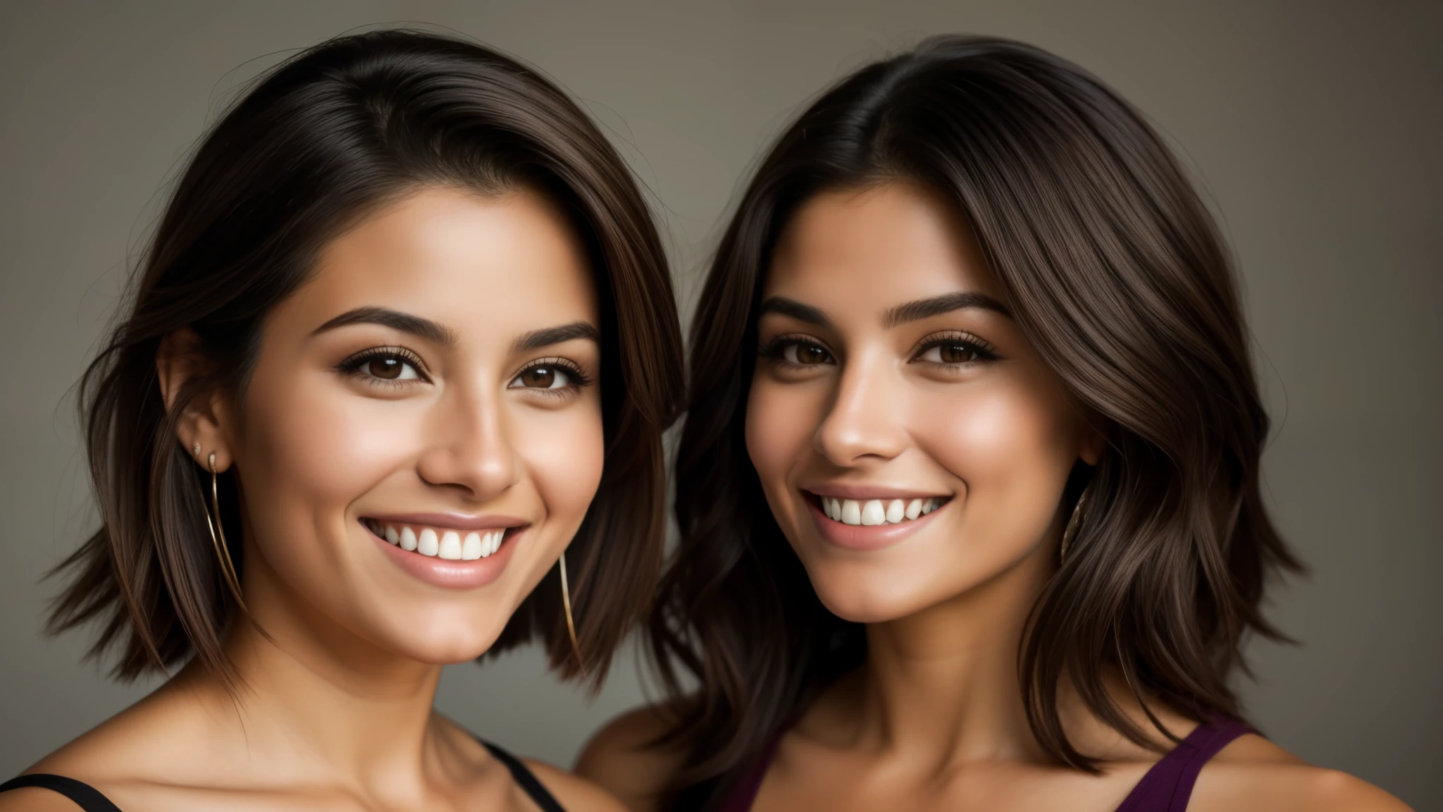 Isabel Merced and friend, portrait, (wolf_cut hair), smiling, beautiful face, perfect face, ultra realistic, front view, photo realistic