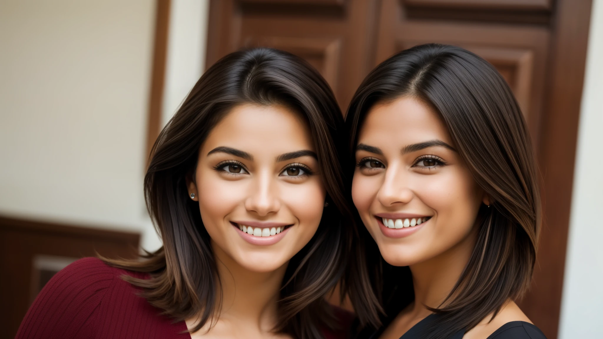 Isabel Merced and friend, portrait, (wolf_cut hair), smiling, beautiful face, perfect face, ultra realistic, front view, photo realistic