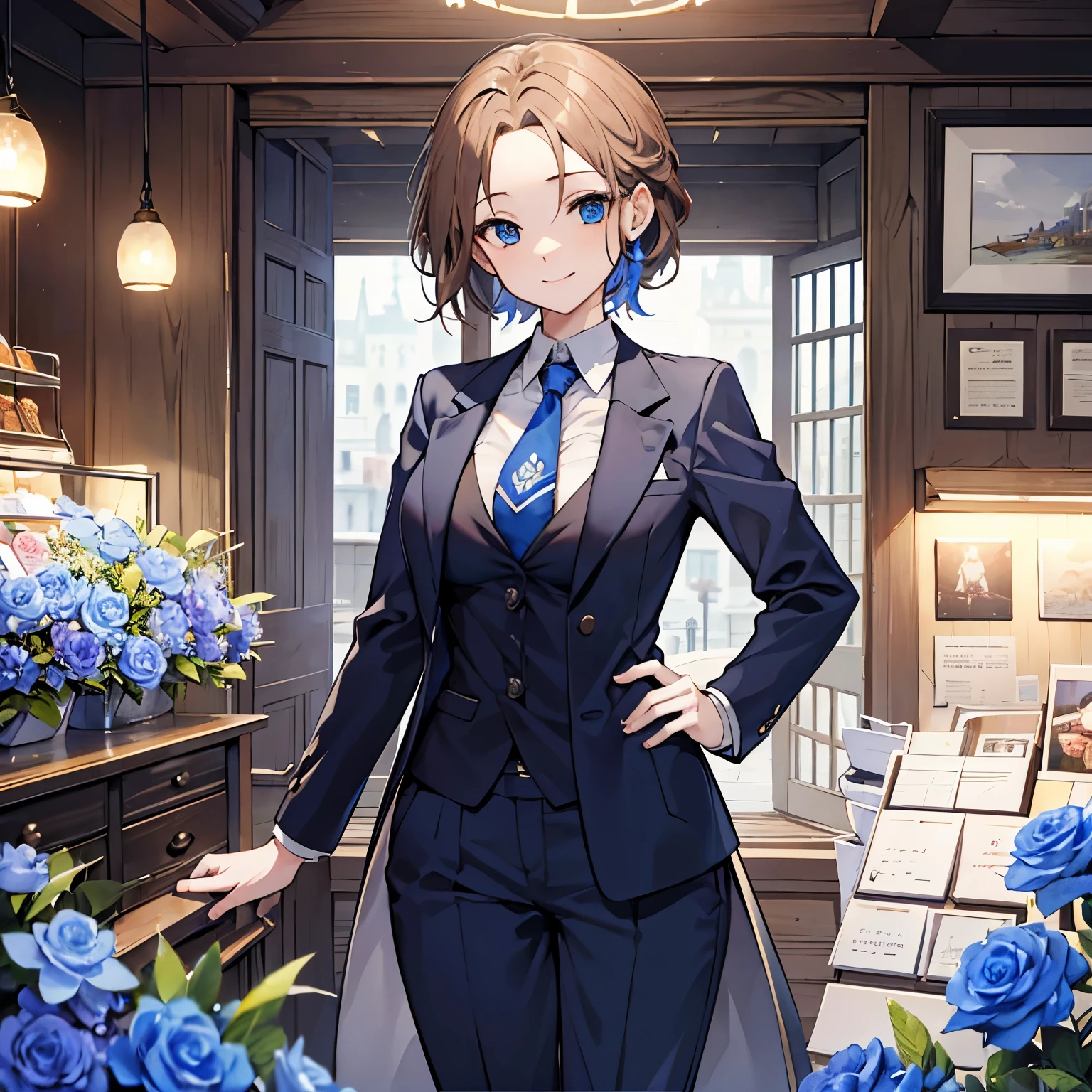 (masterpiece、4K、detailed)A cool female merchant dressed in a suit、blue tie(light brown hair、All back with forehead sticking out、Alone、looking at the camera、blue eyes、innocent smile、big breasts)The background is a castle town、blue flower shop