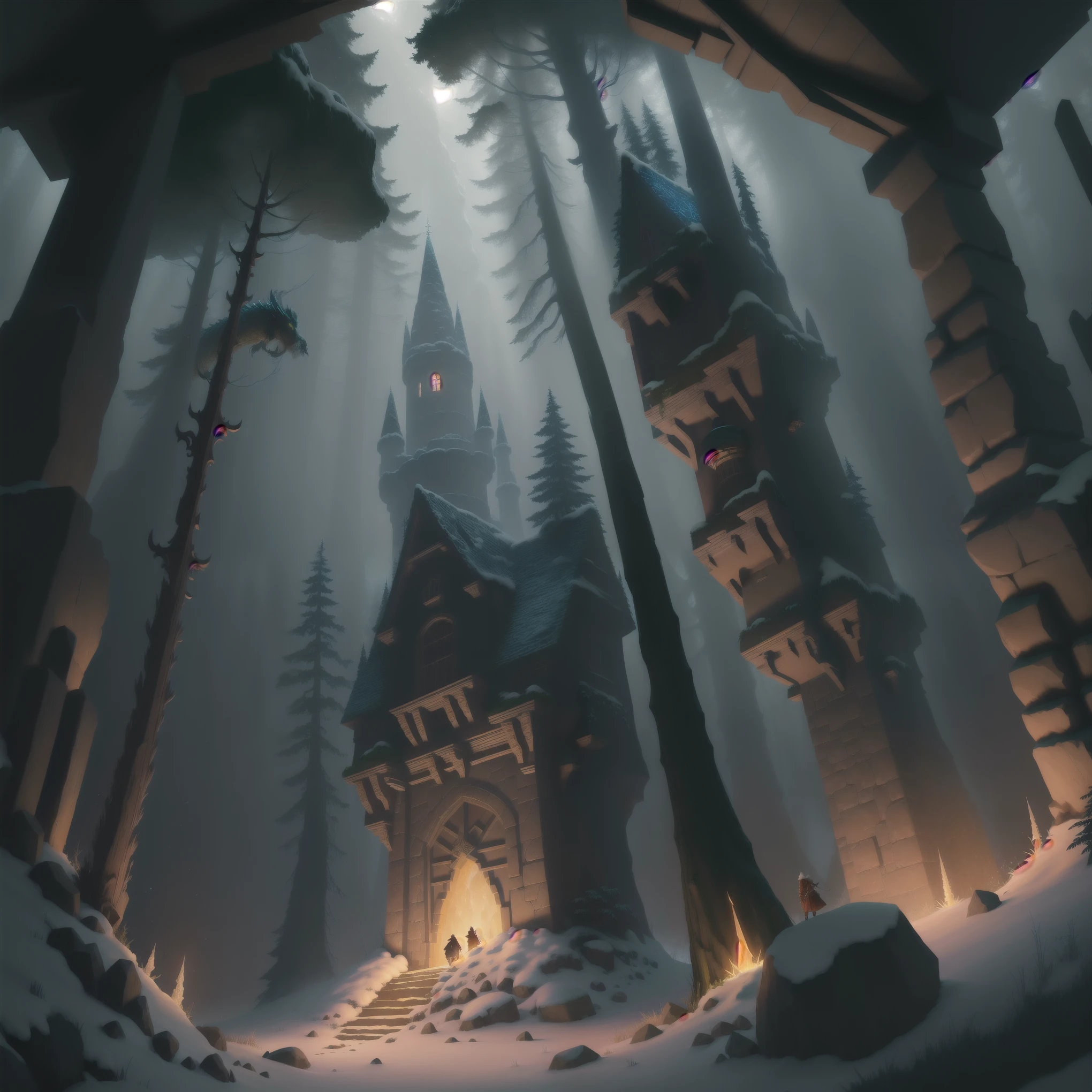 A heroic adventurer exploring a dark forest filled with mysterious runes and a magical crystal, inside a vast underground cave filled with ancient dragon, sword, shield, and an old castle. The scene is depicted in a fantasy art style, with vivid colors, sharp focus, and ultra-detailed features (best quality, 4k, highres, masterpiece:1.2), along with studio lighting to enhance the realism and atmosphere.