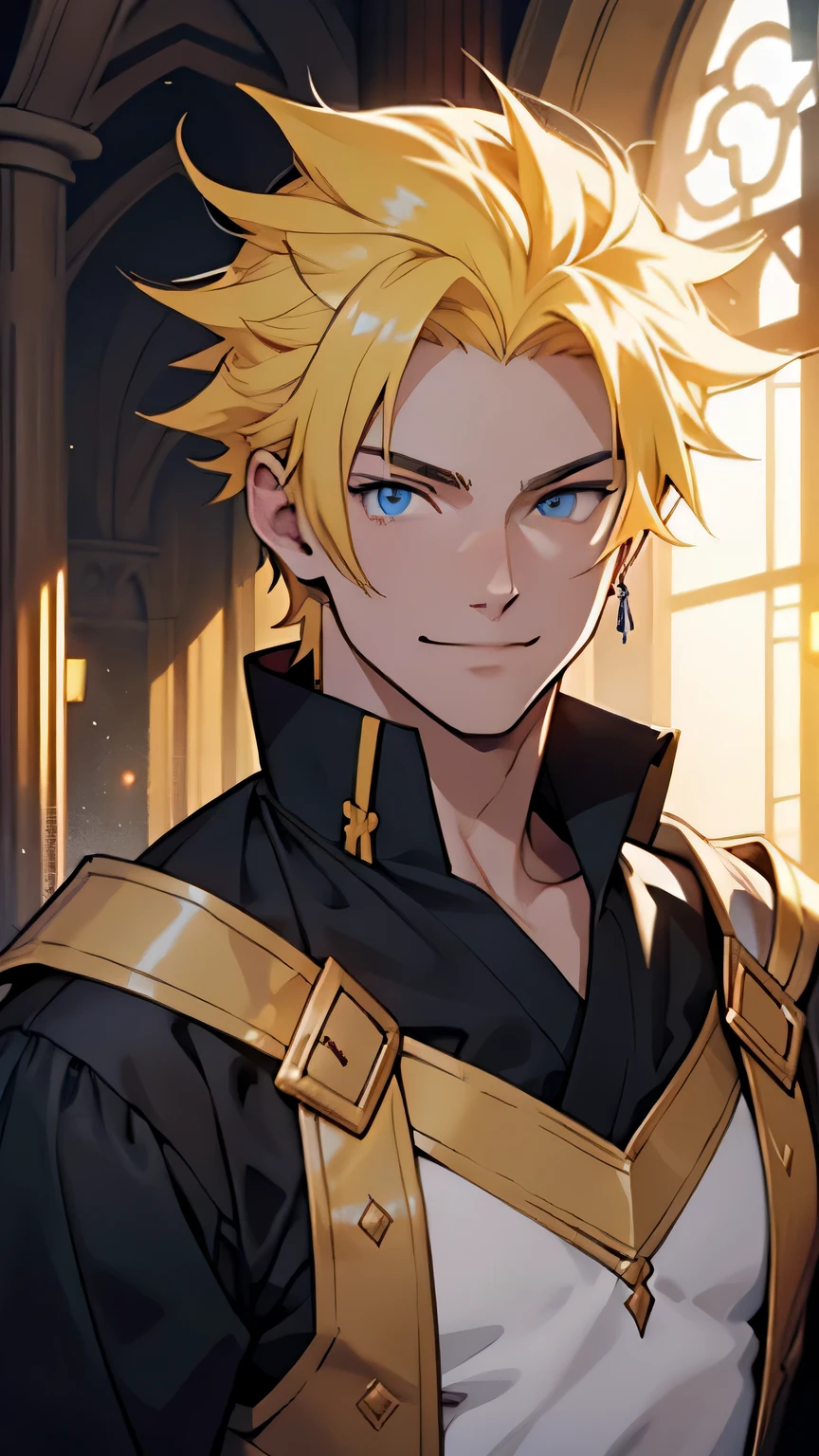 man, young, strong, smile, anime style, yellow spiky hair, white skin, blue eyes, medieval clothes, prince, inside a luxurious castle