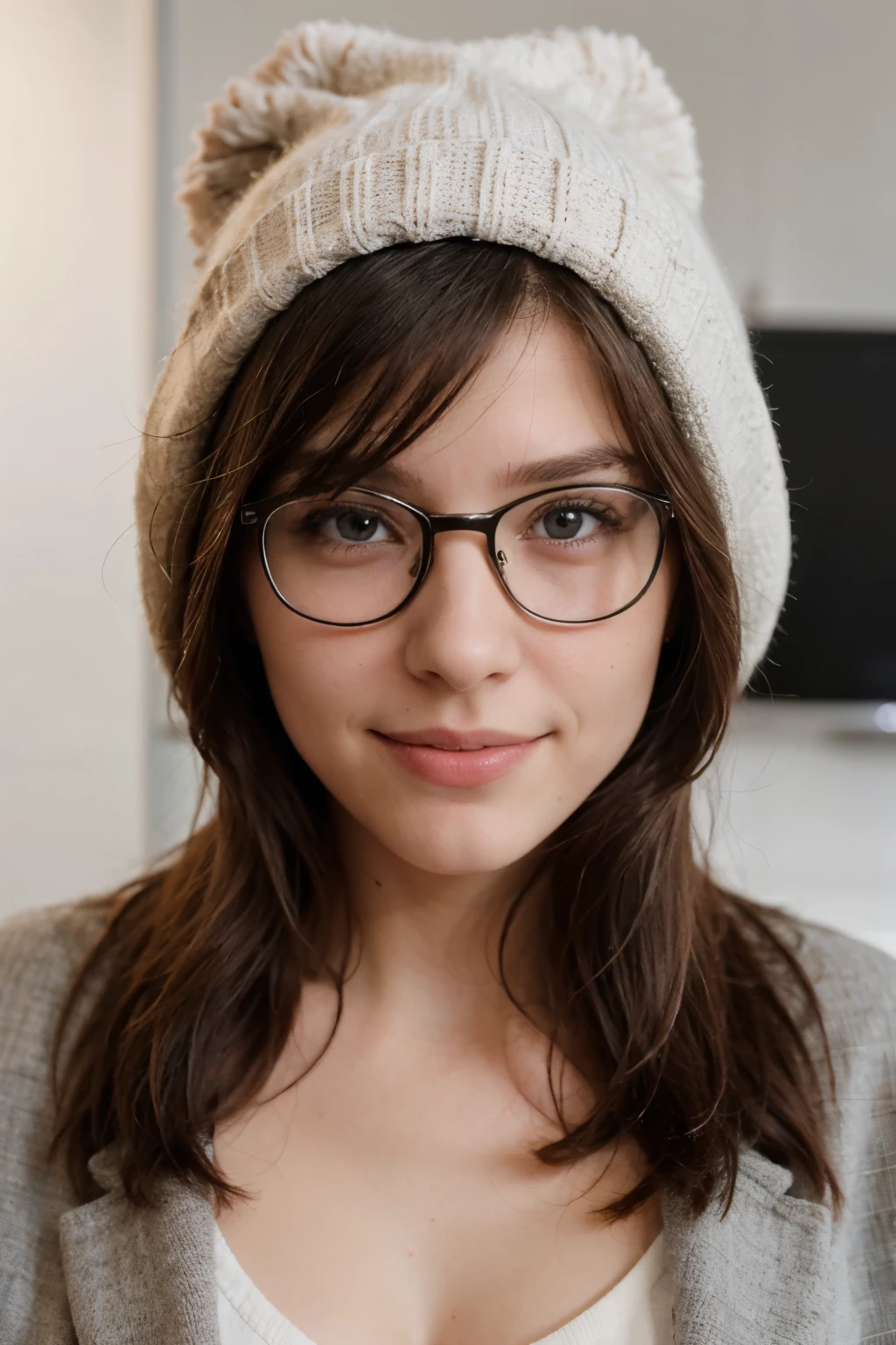 young french girl with beatiful face , facing the camera, wearing a winter hat , wearing glasses, professional photo, very respectful young woman, looking very educated and nice , a litle smile . the photo should be professional like in a company desk . hair ponystyle