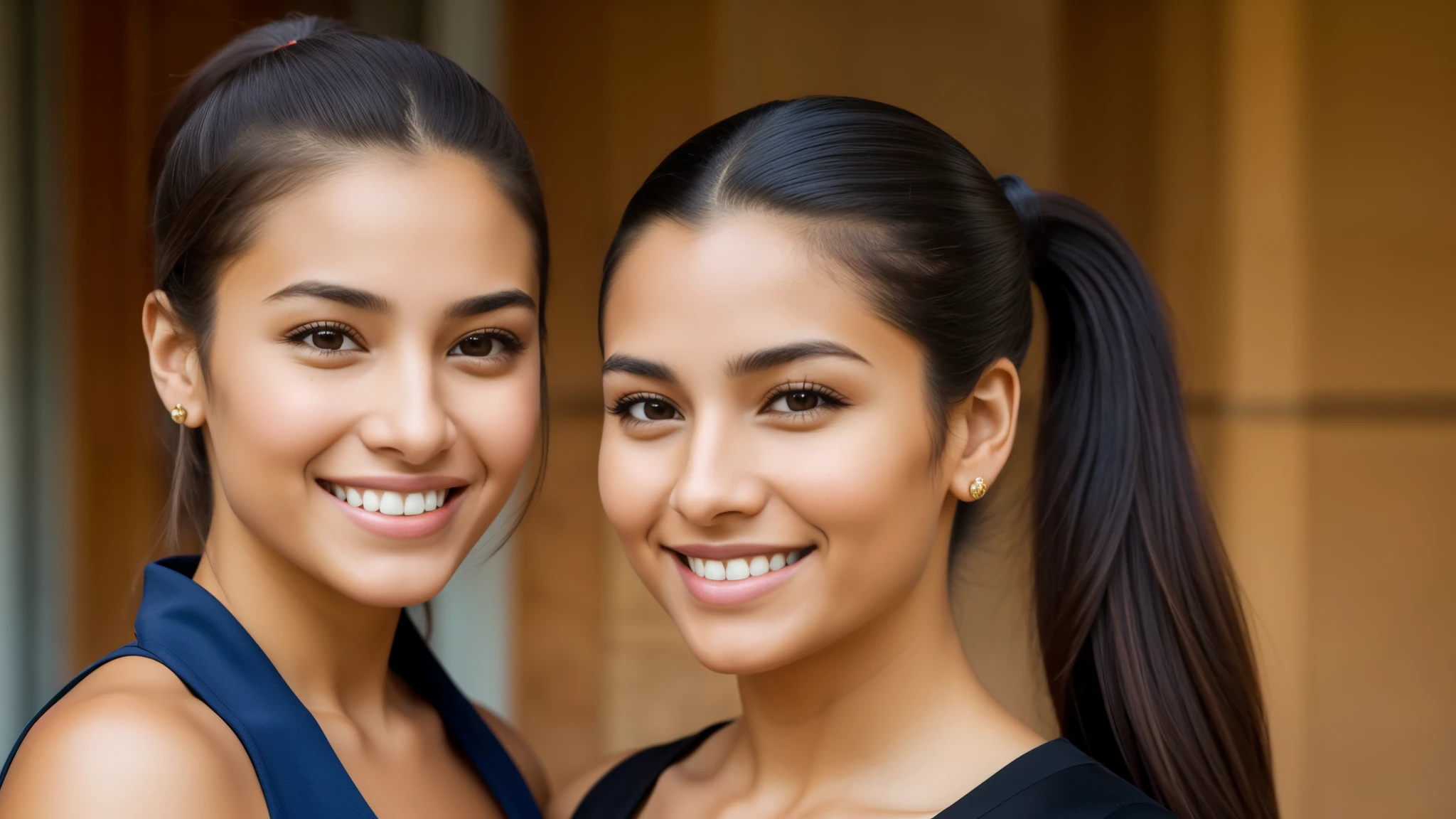Isabel Merced and friend, portrait, hair in ponytail, smiling, beautiful face, perfect face, ultra realistic, front view, photo realistic