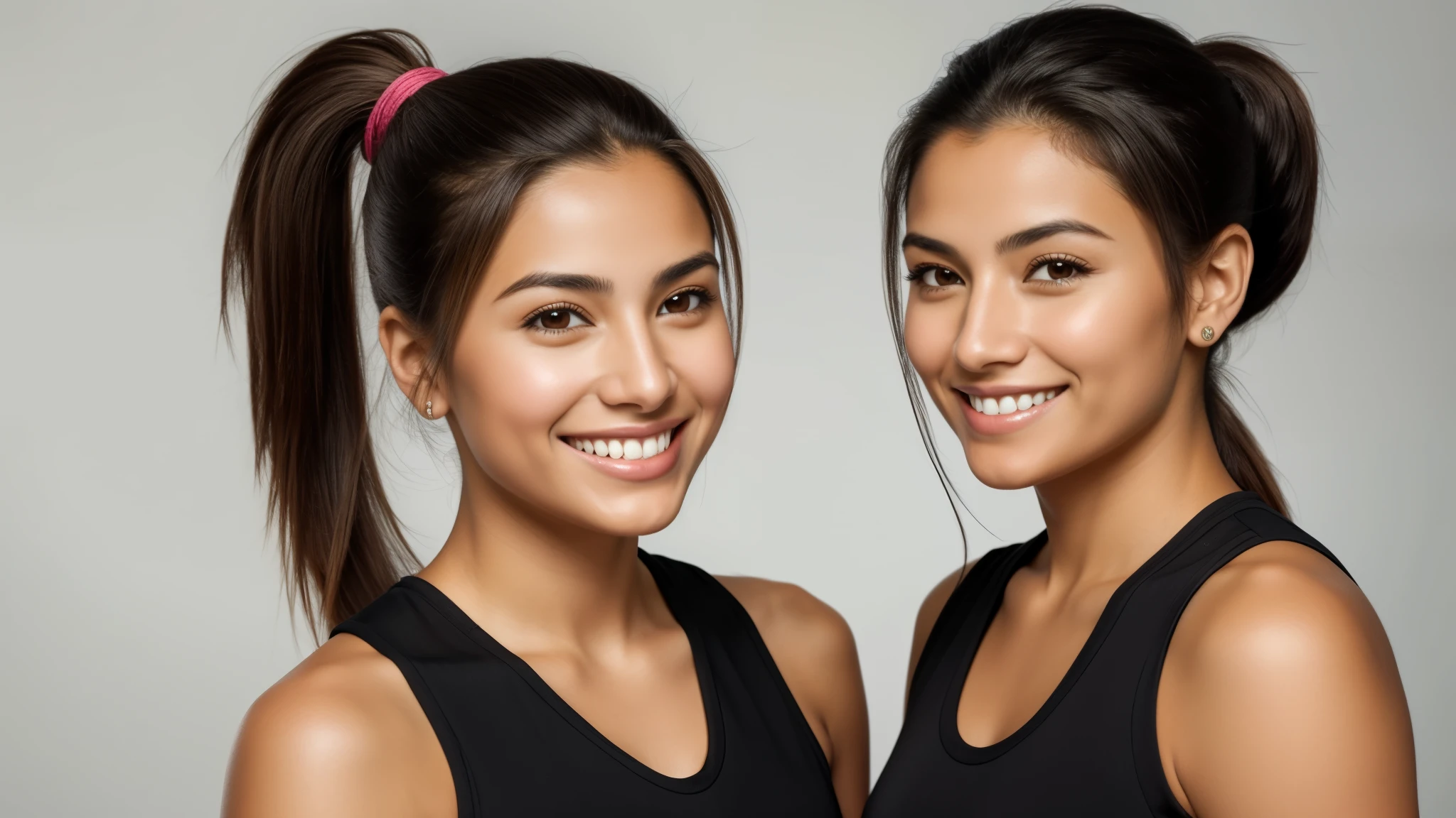 Isabel Merced and friend, portrait, hair in ponytail, smiling, beautiful face, perfect face, ultra realistic, front view, photo realistic