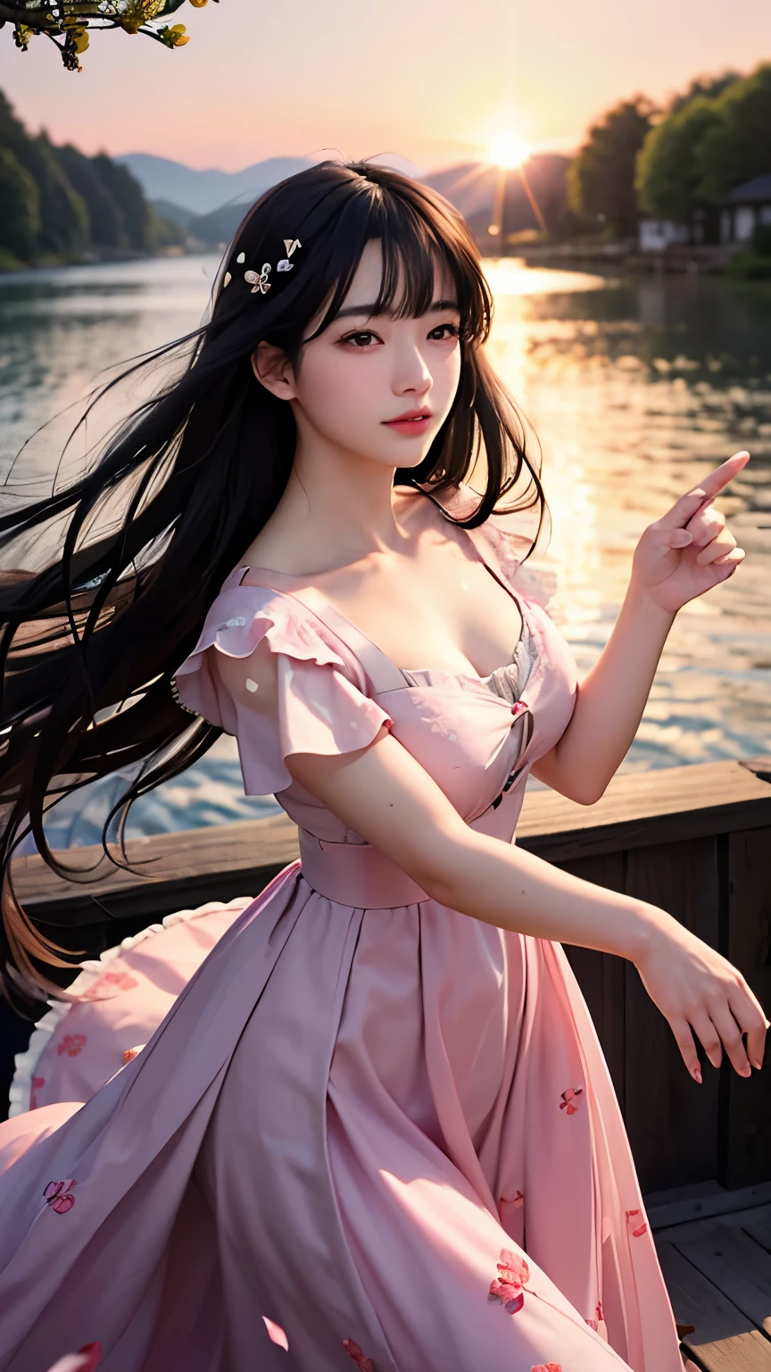 (logo、masterpiece、8K、table top、Raw photo、wonderful、最high quality、Photorealistic and very detailed CG integrated 8k wallpaper、high quality、very detailed、narrative poem、particle effects、dynamic effects、Depth of the bounds written、cinematic light、Lens flare、ray tracing)、fantasy、 (1 beautiful woman、dress、dress、cherry blossom pattern、black haired、beautiful face、real face、beautiful details eyes beautiful skin)、My hair dances in the wind、Hair flutters in Wind、hair bounces、pink cherry tree、petals dance、SakuraFubuki、Spectacular view、sunrise、sun on background、Wind、
