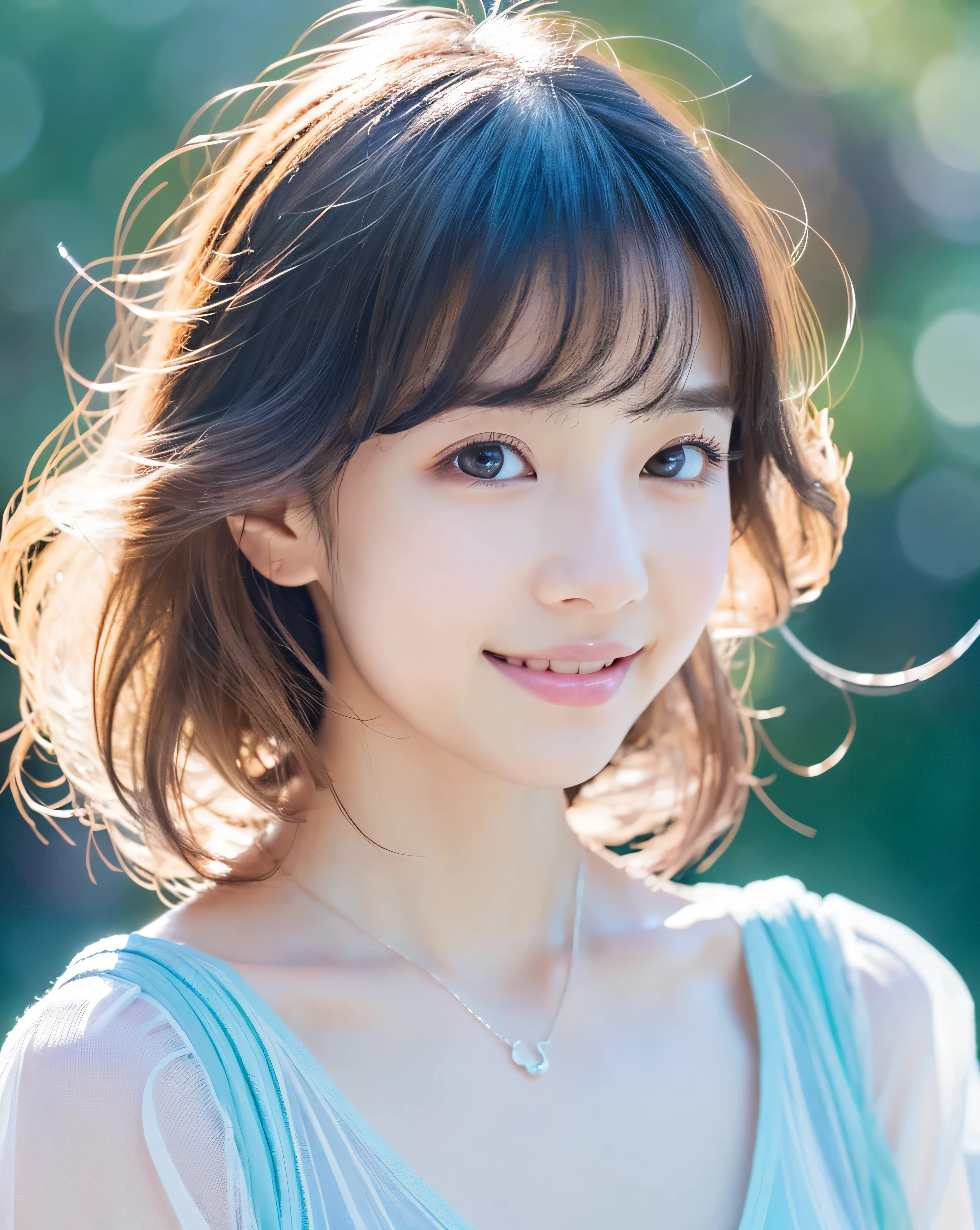 (highest quality, 32k, High resolution, masterpiece:1.5, ), Haunting fantasy portrait in abstract style, ((In a swirl of fantastic pastel colors and soft light)), Evoking a sense of soothing tranquility and elusive beauty, Award-winning masterpiece with amazing details, Color and shape, expression of emotions, rich in imagination, cute japanese woman, full shot of full body, perfect human anatomy, big magical eyes, gentle smile, Motherhood and tolerance, ((Shiny light blue straight long hair)), Beautifully styled super long hair, Beautiful asymmetrical bangs, hair between eyes, white, clear and soft skin, thin eyebrows, clear double eyelids, pale pink lips, ((see-through transparent camisole,)), High resolutionの完璧な鎖骨, High resolutionの美しい胸元, Slender body with plump breasts, High resolutionの美しい太もも, soft sunlight, professional lighting, professional photographer, Professional models,mysterious