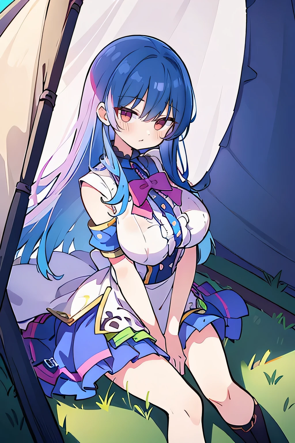 (masterpiece),best quality, expressive eyes, perfect face,sit, sit on ground, legs on the ground, 1girl,
big breasts, H cup, Good breasts, arms crossed, Fair, Gorgeous,japanese manga,girl,Laura,young angel, blue hair, blue haired,tent , tent chest, tent breast, floating clothes