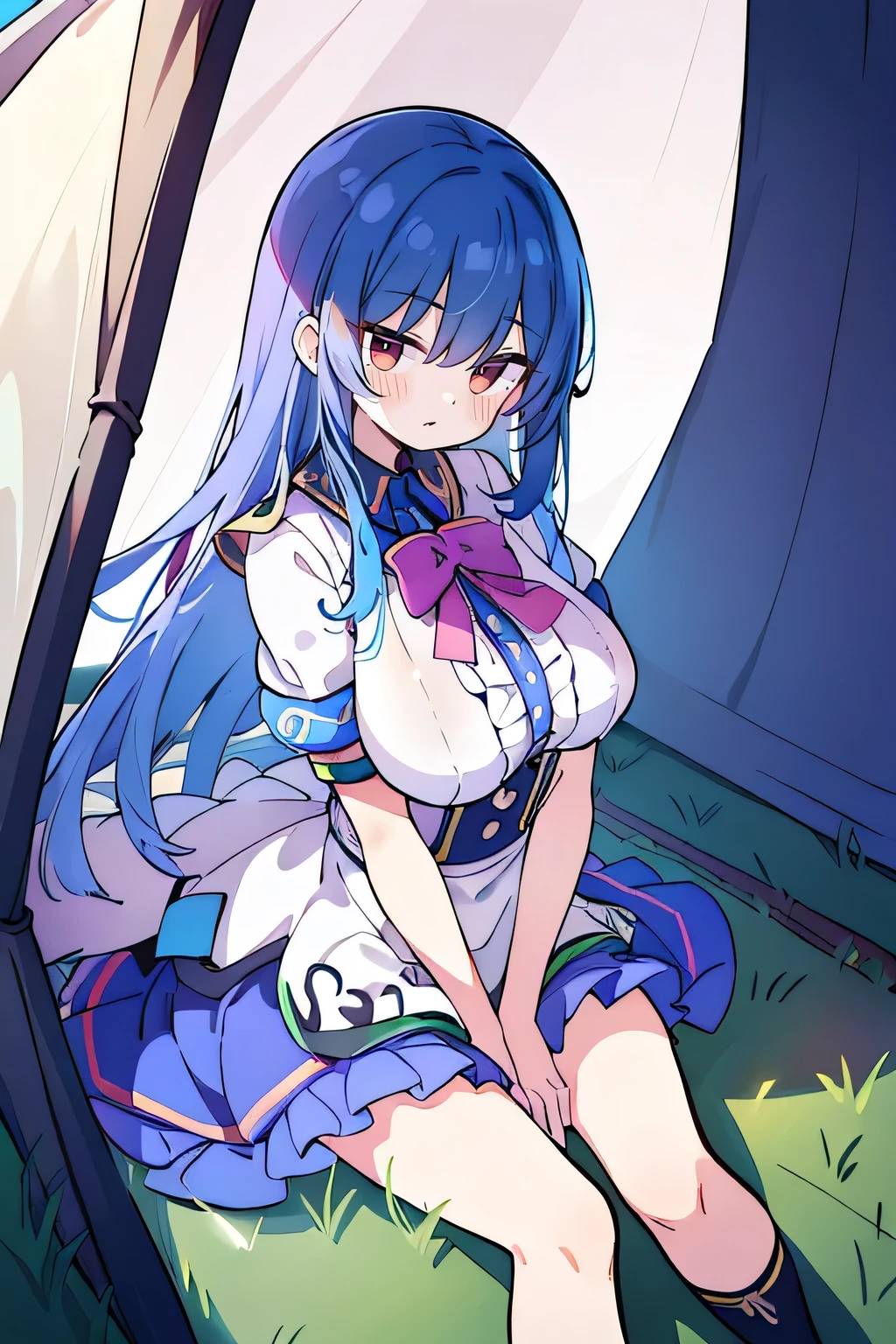 (masterpiece),best quality, expressive eyes, perfect face,w sitting, w sitting on ground, legs on ground, 1girl,
big breast, H-cup, good breast, crossing arms, beautiful, gorgeous,anime,girl,lora,hinanawi tenshi, blue hair, blue haired,tent boobs, tent chest, tent breast, floating clothes