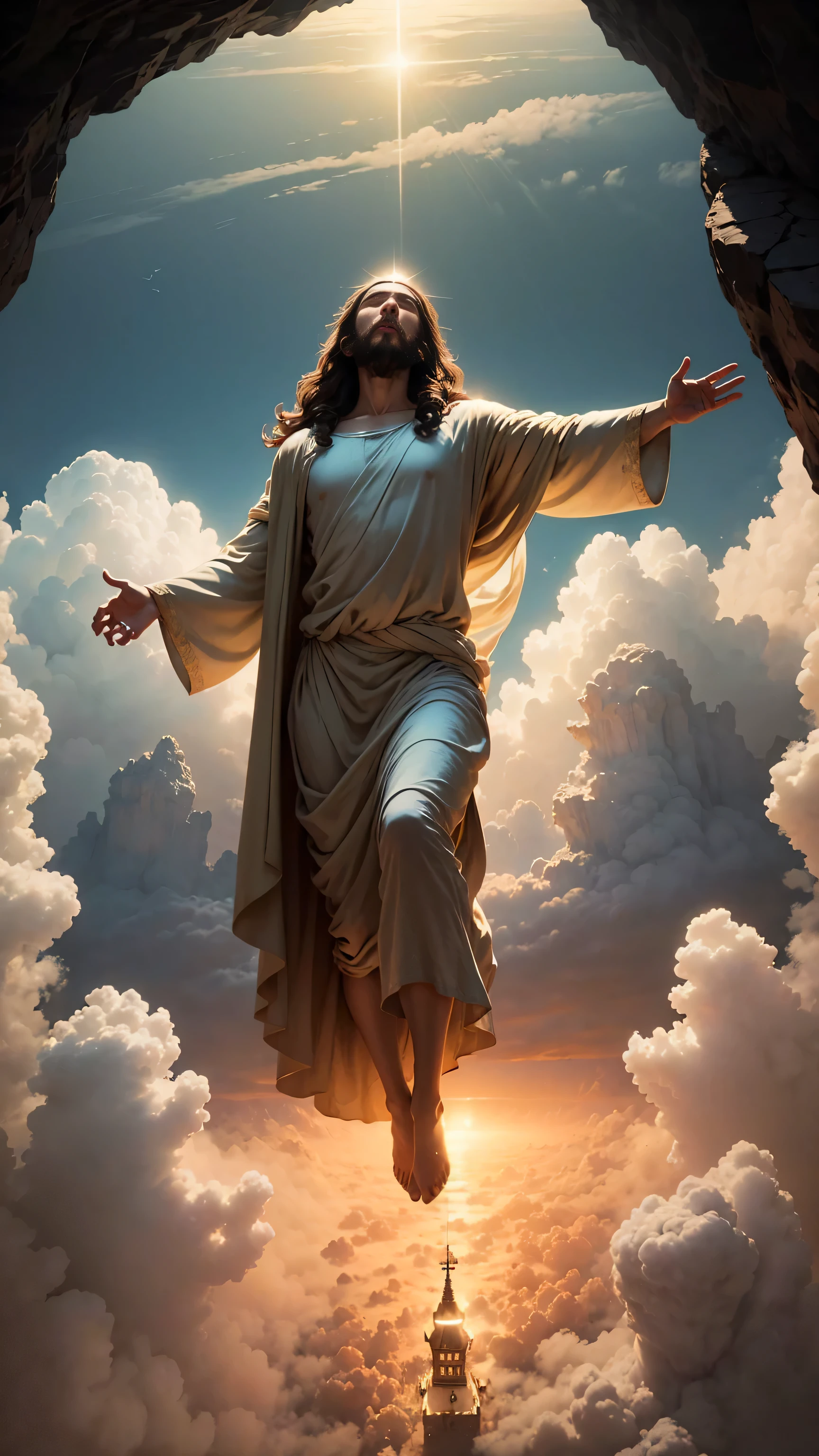 Jesus come out from the Cave, high in the air, sacred,Jesus is floating in the sky above the clouds,face shines