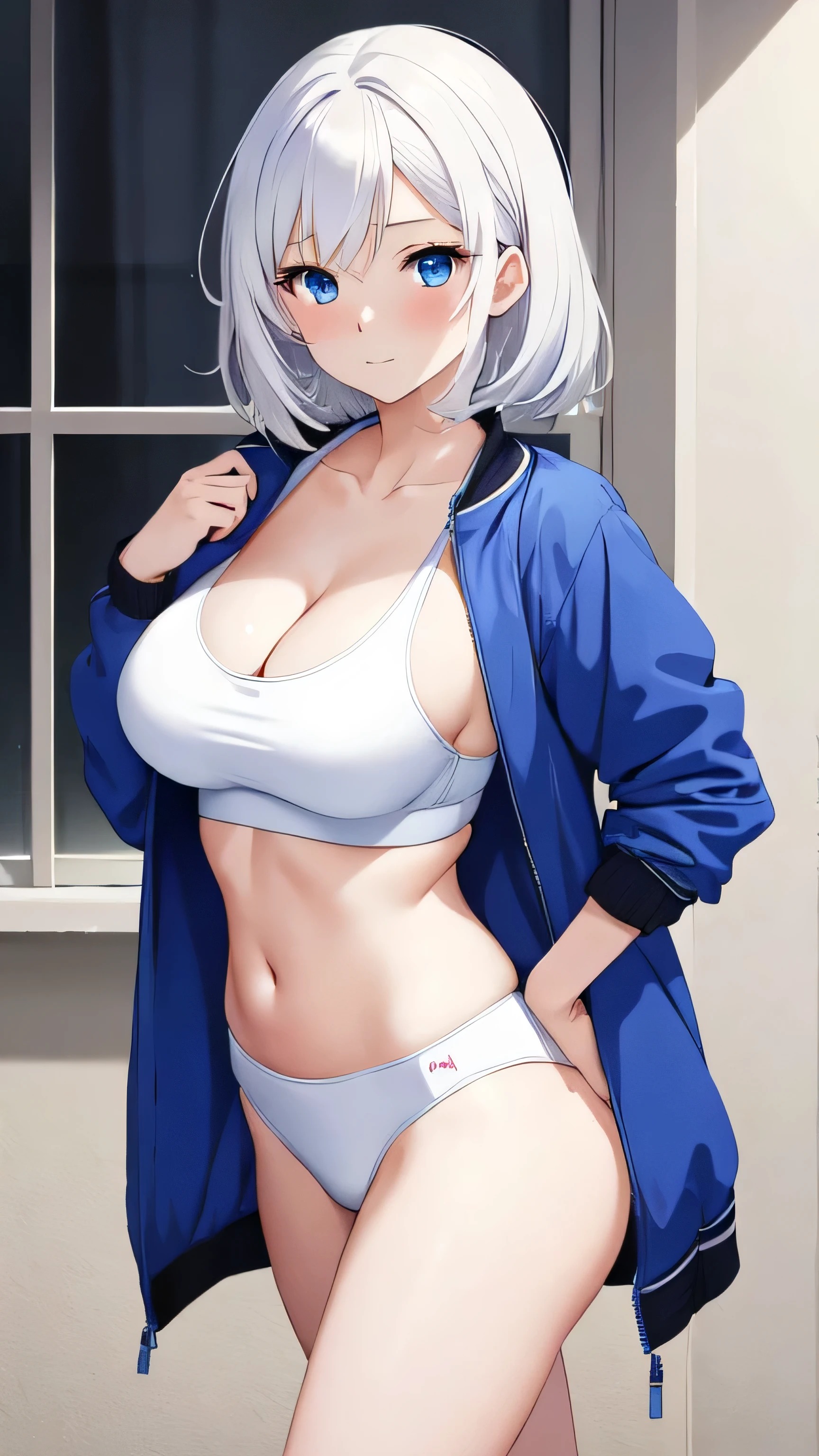 (((masterpiece))),fuyumi itadori, Anime girl characters, 1girl, solo, looking at viewer, medium hair, white hair,blue eyes, long sleeves, cleavage, bigger breasts, closed mouth, collarbone, jacket, open clothes, open jacket, blue jacket, ground vehicle, sports bra, tall girl, horny, big ass, beautiful face,Charming, Tight-fitting clothing, 