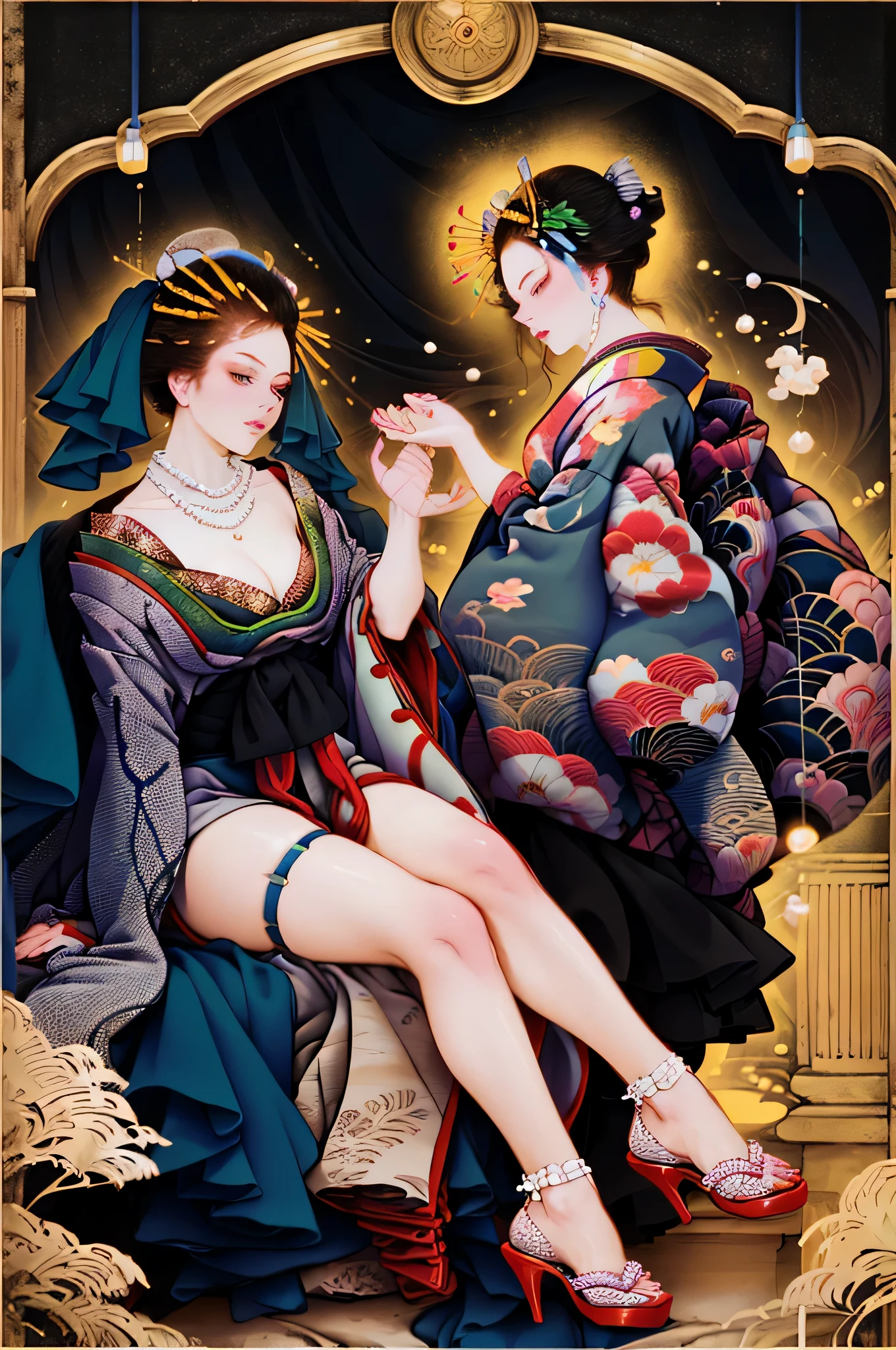 (Masseter muscle part、highest quality、ukiyoe style、Mysterious、beautiful beautiful、male((Japanese, clothing that fits)),ink wash style，pale，watercolor，See-through,black face veil , black nylons , silk stockings ,See-throughの袴， dark purple eyes，navy blue kimono on black　,sheer lingerie,enamel high heels,pearl necklace,,straight,lace long gloves, shortcut,　hair ornaments,　Japanese style room　，crossed legs，navy 黒いenamel high heels,　shiny black stockings