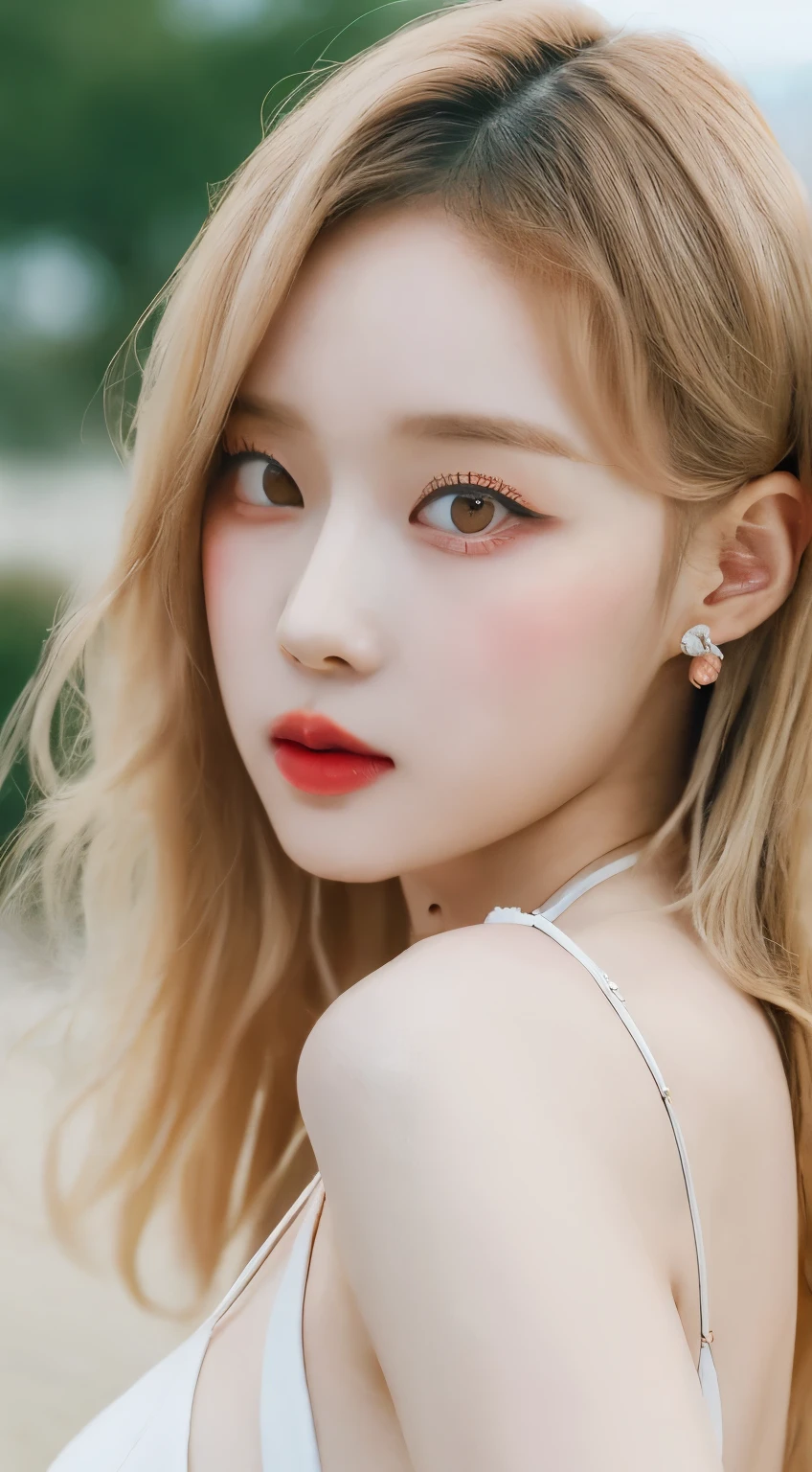 ((Best quality, 8k, Masterpiece :1.3)), Sharp focus :1.2, KPop girl Korean. Rose. Rose. 24 years old. body. slim. thin. Captivating. ((make-up face. lipstick)) blonde long blonde hair blonde

Wearing sunglasses. Bikini)) Also show your ears. In front of the camera. Ear texture. Ear hole details. Realistic. Close-up Shot of Ear. At close range. at the beach's border_ mix4, 20d, solo, photo-realistic:1.37