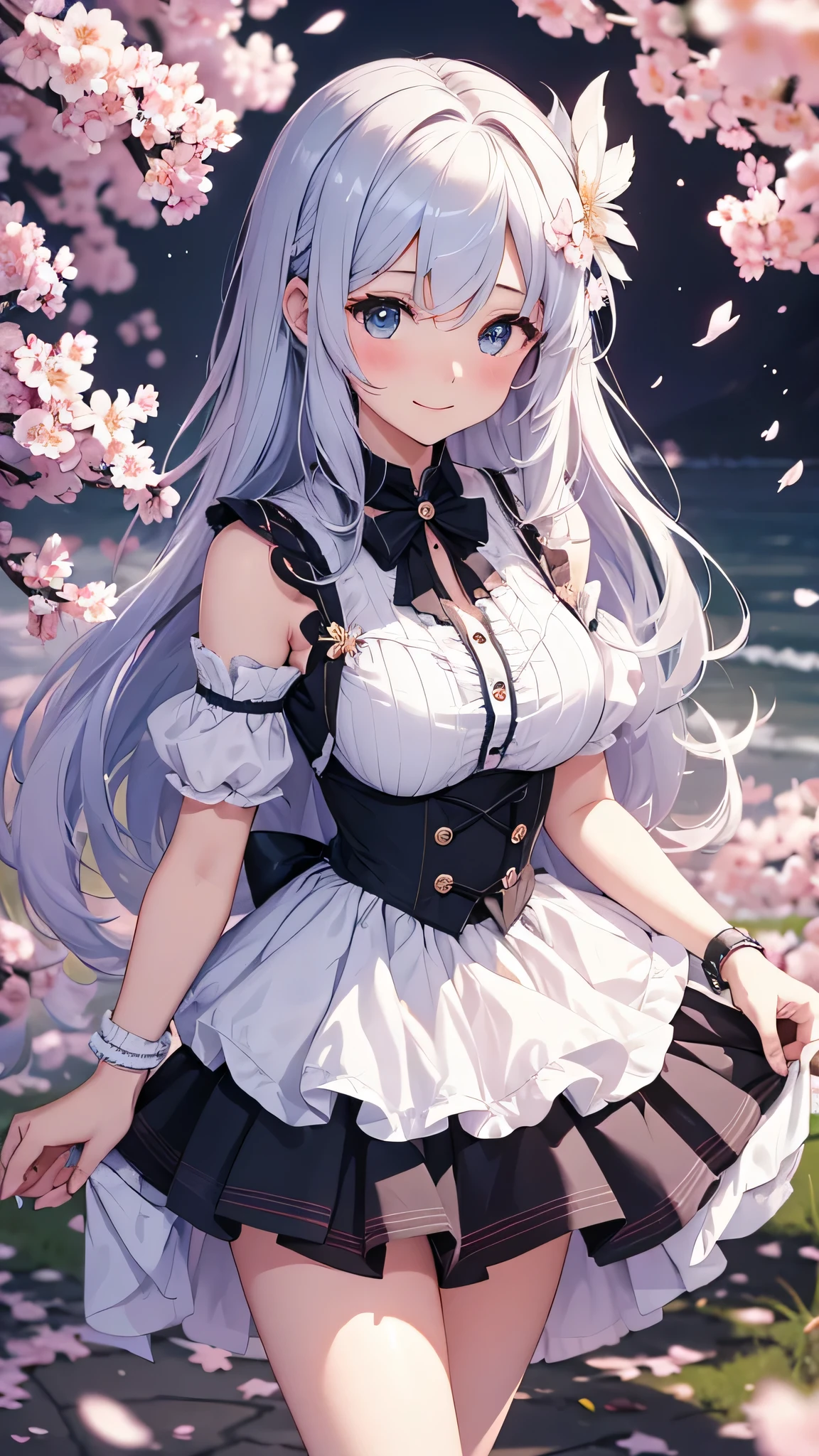 最high quality、best image quality、masterpiece、girl((18-year-old、 By becoming、vest bust、medium bust,wide open breast tea、shining eyes, silver hair、long hair、thin,highest valley、white see-through dress、White short skirt、Wristband、smile、Leaning forward)),high quality、beautiful art、background((SakuraFubuki、Falling cherry blossoms、Cherry tree、beautiful park、square、Cherry Meadow、Wind))、Flight、debris flies、Depth of written boundary、movie、visual art、perfect art、8K,genuine、