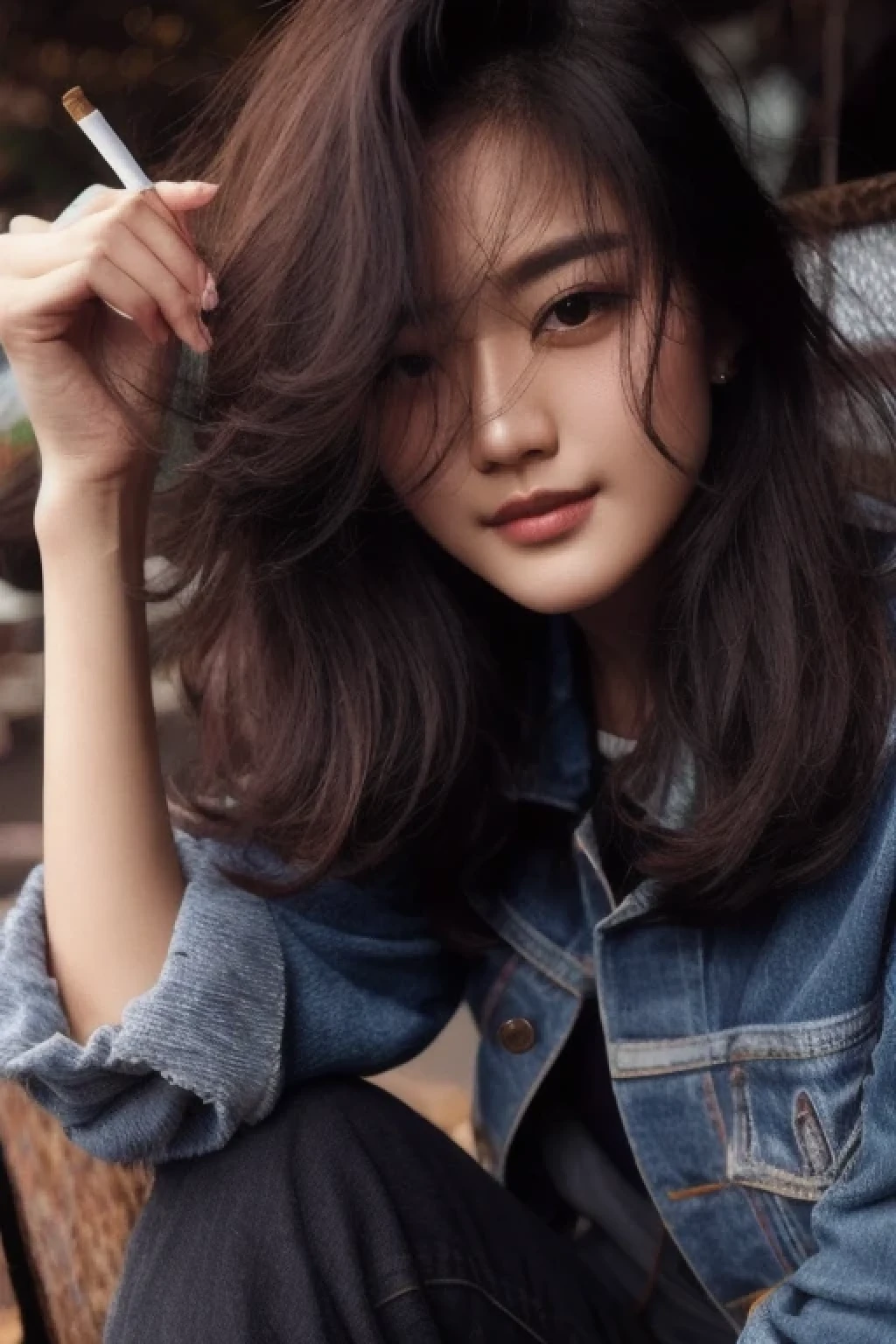 a close up of a woman sitting on a bench with a cigarette, ruan jia beautiful!, girl cute-fine-face, cute-fine-face, cute - fine - face, with cute - fine - face, realistic. cheng yi, beautiful fine - face, young cute wan asian face, cute beautiful, attractive girl, beautiful cute