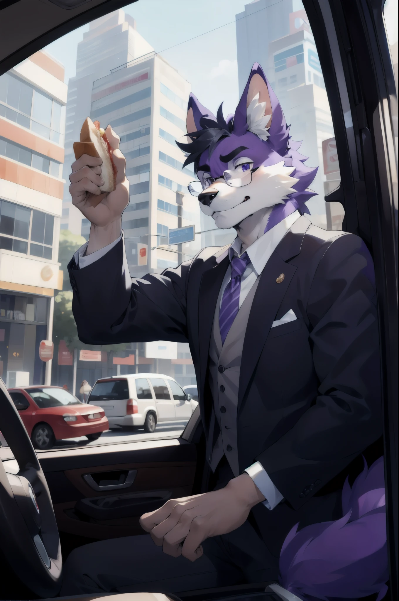 best hands,wide Shot,best quality,from below,(masterpiece,ultra detailed 8k art,cowboy Shot),fisheye lens,from the front,(anthro:1.5),looking away,1  purple furry male, purple furry hand,Fluffy, (Focus on the purple male dog),close-up face,Inside the car,Late 30s male anthropomorphic dog BREAK
look out the window,Wear glasses,holding a sandwich in one hand, dressed in a business suit,navigating traffic in a white car during his morning commute , troubled eyebrows, closed mouth, (many cars outside the window)  BREAK
Frustration sets in as he's caught in a traffic jam, trying to stay composed while steering from the driver's seat,
A comedic scenario takes place as the hurried male driver munches on a breakfast sandwich while steering through the traffic snarl, deftly navigating the morning rush.