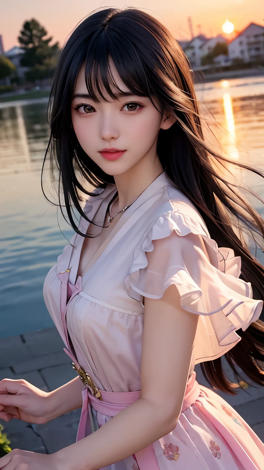 (logo、masterpiece、8K、table top、Raw photo、wonderful、最high quality、Photorealistic and very detailed CG integrated 8k wallpaper、high quality、very detailed、narrative poem、particle effects、dynamic effects、Depth of the bounds written、cinematic light、Lens flare、ray tracing)、fantasy、 (1 beautiful woman、dress、dress、cherry blossom pattern、black haired、beautiful face、real face、beautiful details eyes beautiful skin)、My hair dances in the wind、Hair flutters in Wind、hair bounces、pink cherry tree、petals dance、SakuraFubuki、Spectacular view、sunrise、sun on background、Wind、