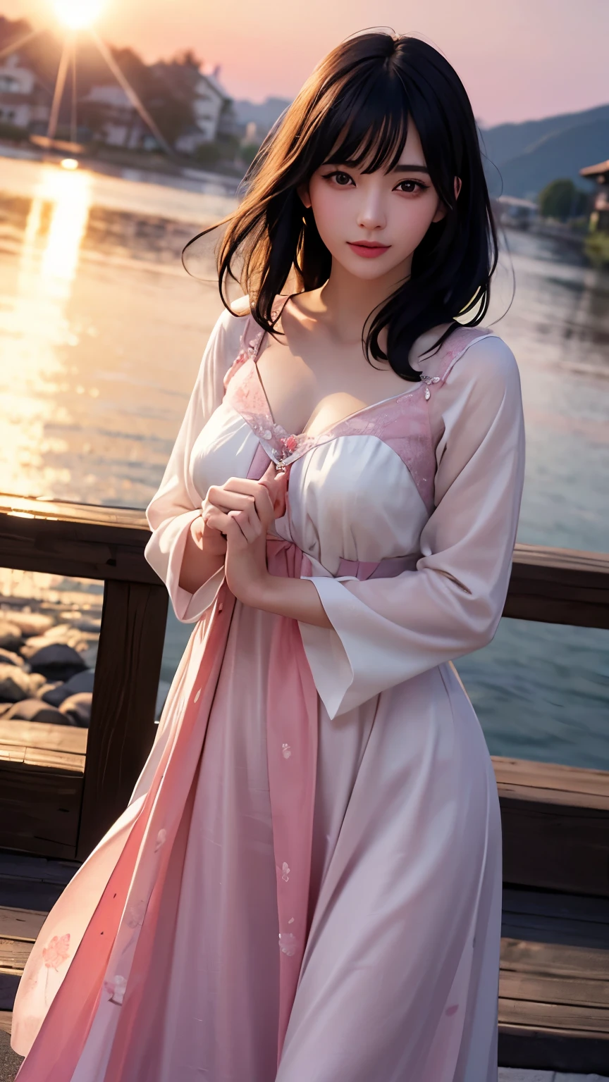 (logo、masterpiece、8K、table top、Raw photo、wonderful、最high quality、Photorealistic and very detailed CG integrated 8k wallpaper、high quality、very detailed、narrative poem、particle effects、dynamic effects、Depth of the bounds written、cinematic light、Lens flare、ray tracing)、fantasy、 (1 beautiful woman、dress、dress、cherry blossom pattern、black haired、beautiful face、real face、beautiful details eyes beautiful skin)、My hair dances in the wind、Hair flutters in Wind、hair bounces、pink cherry tree、petals dance、SakuraFubuki、Spectacular view、sunrise、sun on background、Wind、