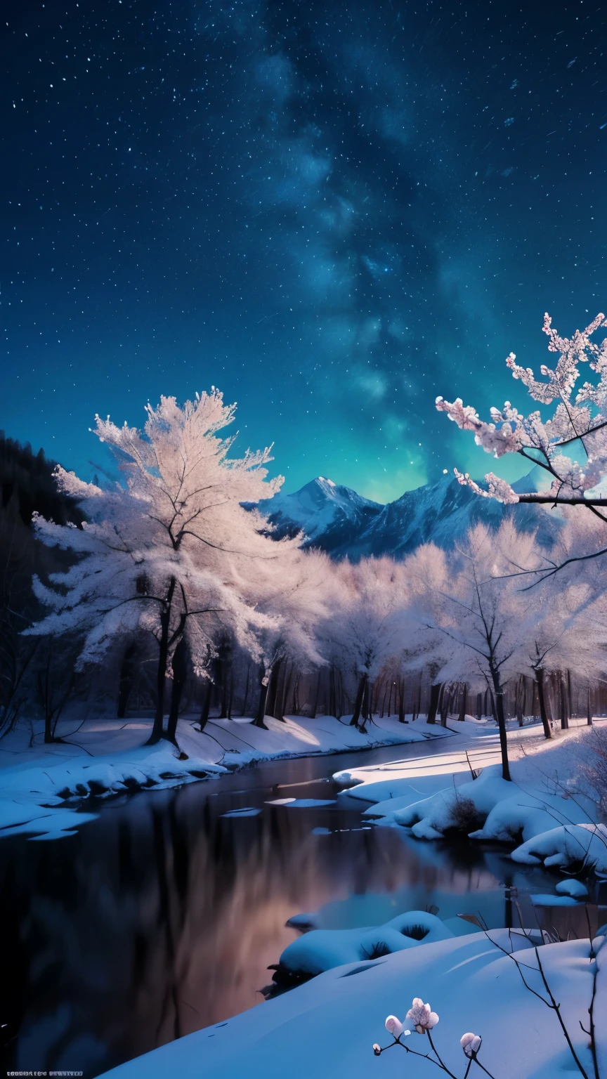 ((LOGO, AMAZING, 8K, TABLETOP, RAW PHOTO, Awesome, Top Quality, Photorealistic and Highly Detailed CG Integrated 8K Wallpaper, High Quality, Highly Detailed, Narrative Verse, Particle Effects, Dynamic Effects, Text Border Depth, Cinematic Light, Lens Flare, Ray Tracing, Tabletop, Realistic: 1.4, Ultra HD: 1.2, Realistic, Realistic)), Fantasy, Anatomically Correct, Night, Wind, Darkness, Snow and Hoarfrost, a frigid winter day, mountains and forests that have received snow, hoarfrost, mountains that have received snow, the beauty and brilliance of rime, the silence and beauty of the meadows in the world of ice and snow, the vast land, the lakeside, the splendor Scenery, beautiful natural scenery, night sky, wind, cherry blossoms, cherry blossom petals dancing, cherry blossom blizzard, falling petals