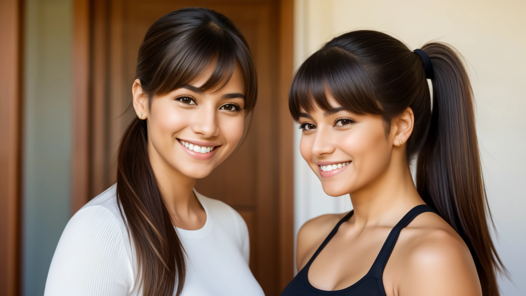 Isabel Merced and friend, portrait, hair in ponytail with bangs, smiling, beautiful face, perfect face, ultra realistic, front view, photo realistic