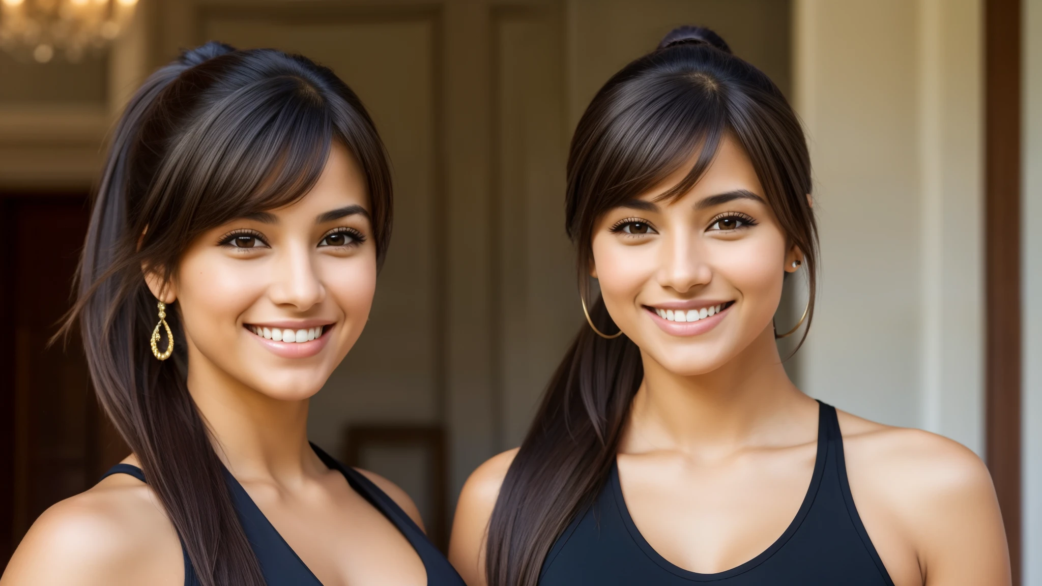 Isabel Merced and friend, portrait, hair in ponytail with bangs, smiling, beautiful face, perfect face, ultra realistic, front view, photo realistic