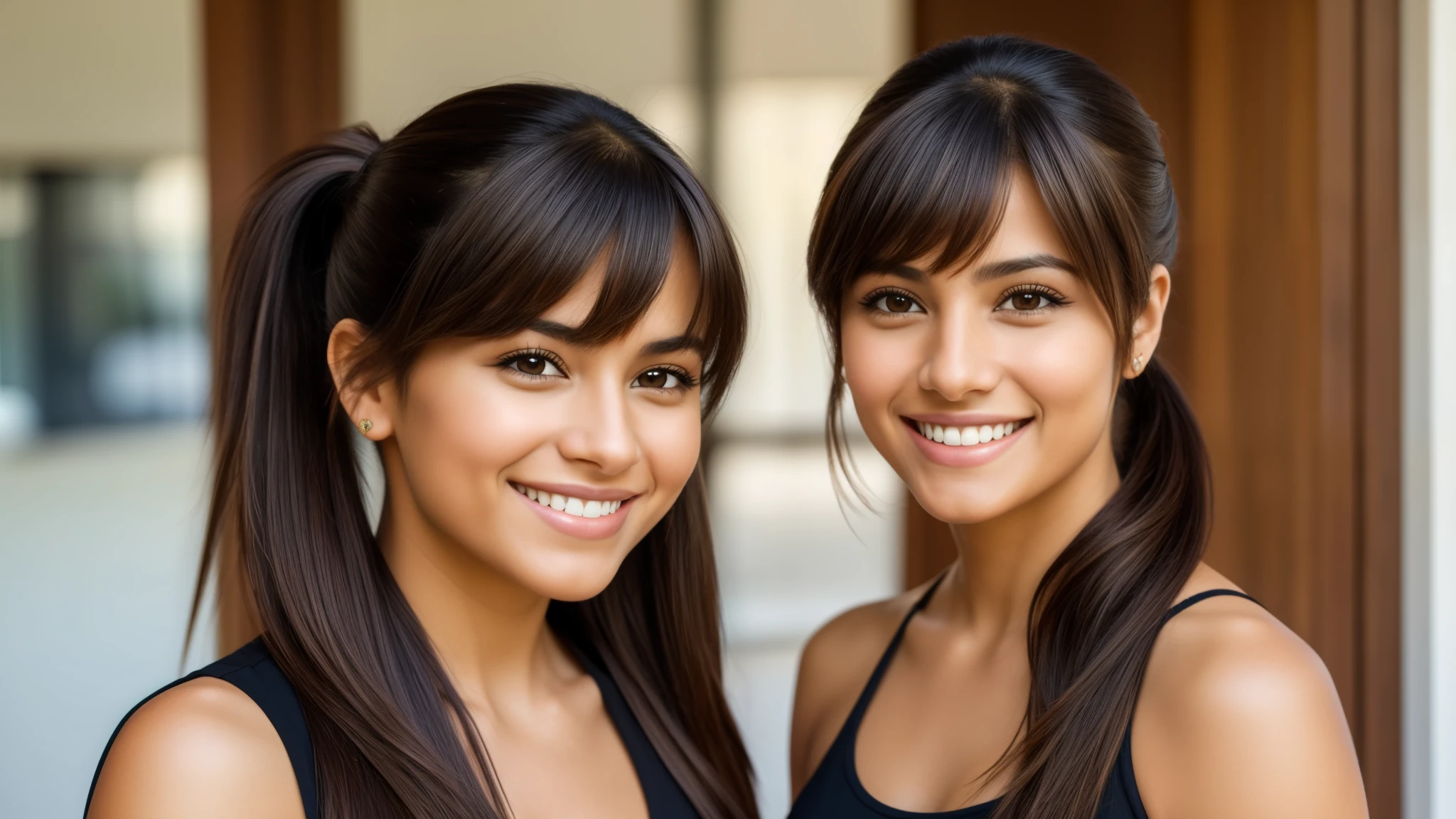 Isabel Merced and friend, portrait, hair in ponytail with bangs, smiling, beautiful face, perfect face, ultra realistic, front view, photo realistic