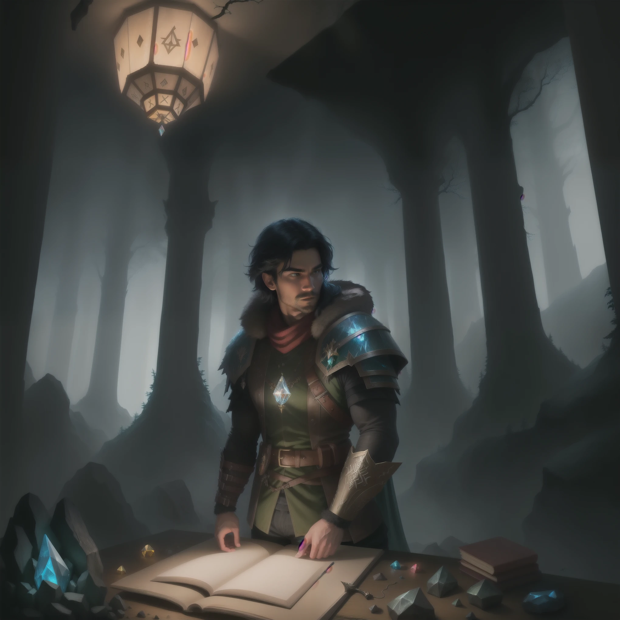 A heroic adventurer exploring a dark forest filled with mysterious runes and a magical crystal, inside a vast underground cave filled with ancient dragon, sword, shield, and an old castle. The scene is depicted in a fantasy art style, with vivid colors, sharp focus, and ultra-detailed features (best quality, 4k, highres, masterpiece:1.2), along with studio lighting to enhance the realism and atmosphere.