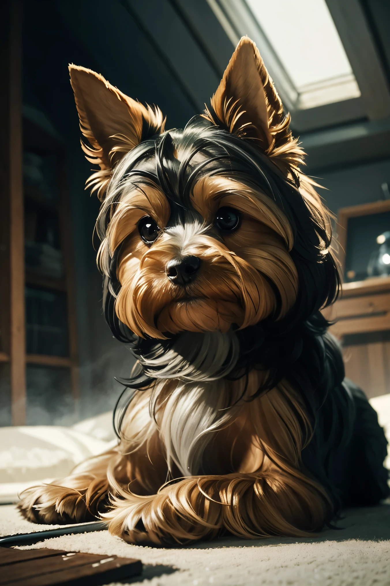 Yorkshire terrier, key lighting, soft light, foggy, steve harris, Written by Lisa Yuskavage, Written by Serov Valentin, in Tarkovsky, 8,000 runs, be familiar with, cute cartoon style, very cute adorable face