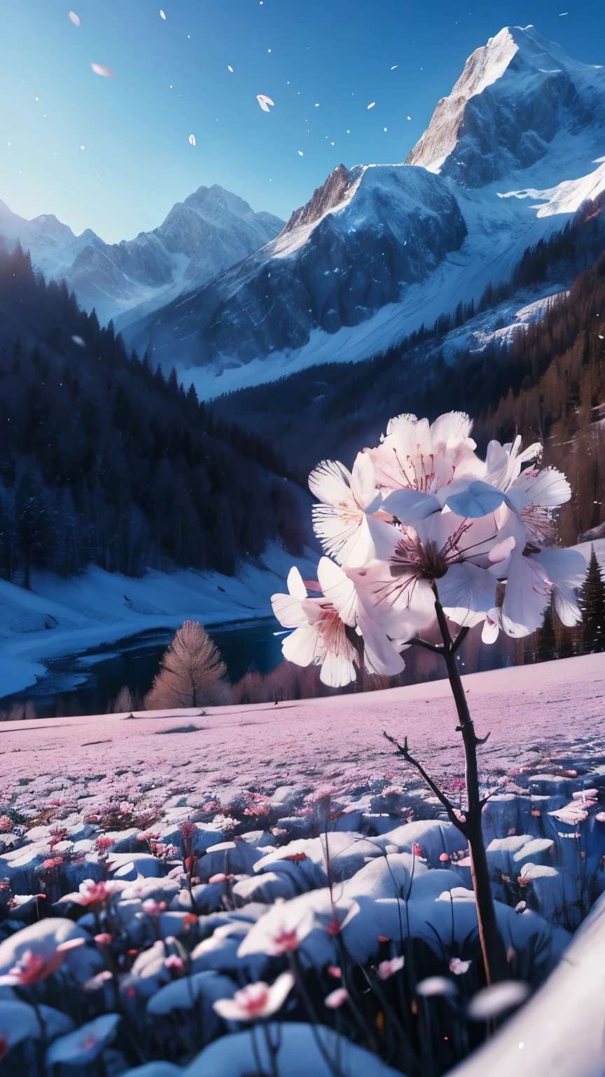 ((LOGO, AMAZING, 8K, TABLETOP, RAW PHOTO, Awesome, Top Quality, Photorealistic and Highly Detailed CG Integrated 8K Wallpaper, High Quality, Highly Detailed, Narrative Verse, Particle Effects, Dynamic Effects, Text Border Depth, Cinematic Light, Lens Flare, Ray Tracing, Tabletop, Realistic: 1.4, Ultra HD: 1.2, Realistic, Realistic)), Fantasy, Anatomically Correct, Snow and Hoarfrost, a frigid winter day, mountains and forests that have received snow, hoarfrost, mountains that have received snow, the beauty and brilliance of rime, the silence and beauty of the meadows in the world of ice and snow, the vast land, the lakeside, the splendor Scenery, beautiful natural scenery, wind, cherry blossoms, cherry blossom petals dancing, cherry blossom blizzard, falling petals