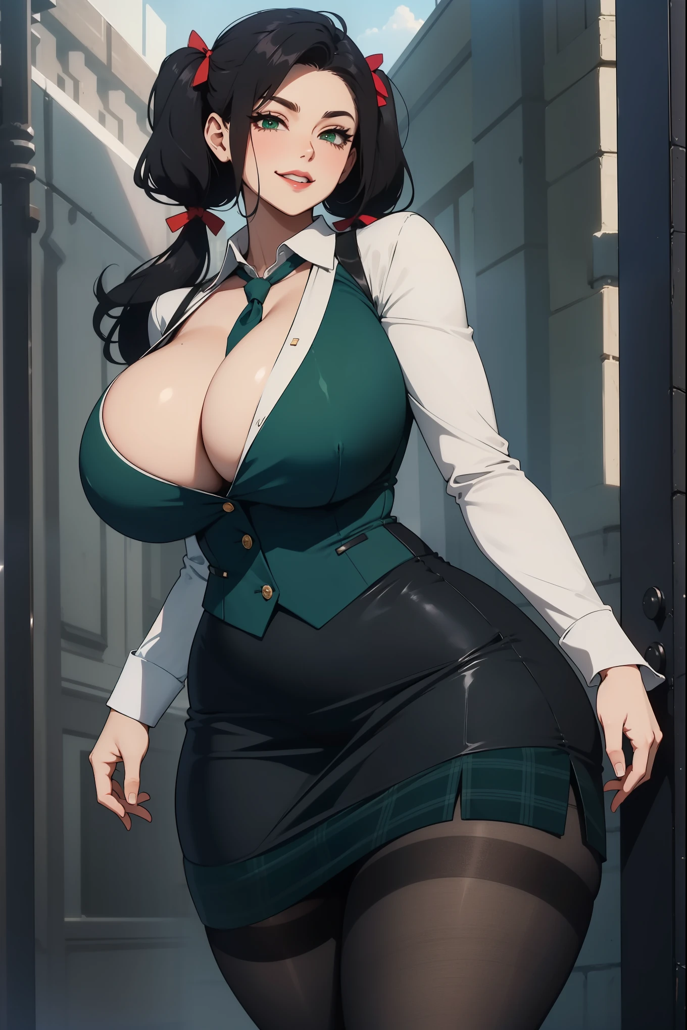 Best quality, solo mature woman, (gigantic breasts:1.4), sagging breasts, massive cleavage giant ass, very curvy, black hair, styled high twintail hair, emerald green eyes, full lips, seductive, sly smile, exposed white button up, loosen tie, pear green plaid skirt, ribbon in hair, thick thighs, curvy physique, pantyhose