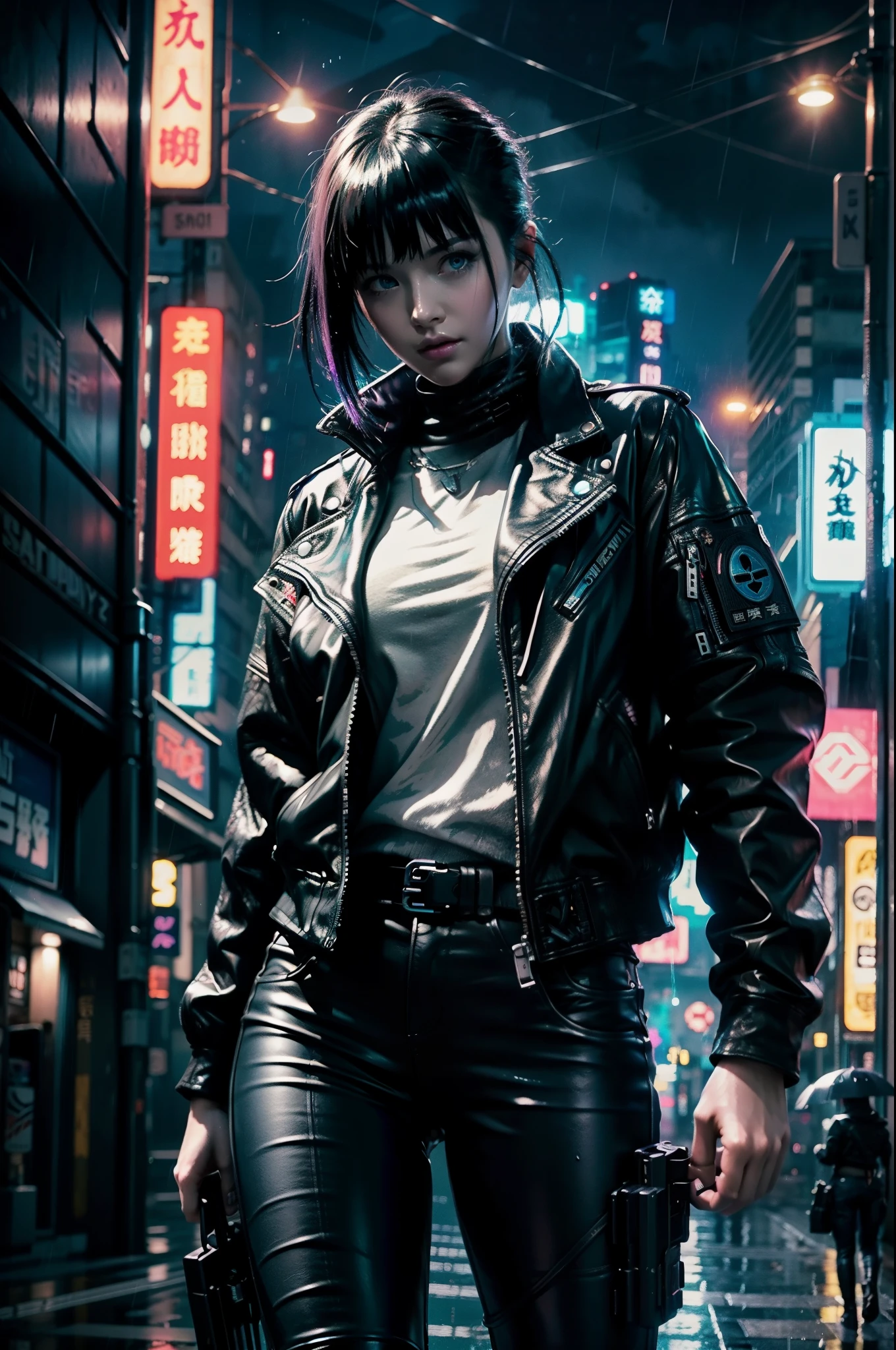 arafed woman wearing a leather jacket and tie with a cigarette in her mouth, cyberpunk art inspired by Yasutomo Oka, trending on cg society, neo-dada, hyper-realistic cyberpunk style, portrait of a cyberpunk cyborg, the cyberpunk girl portrait, cyberpunk 2 0 y. o model girl, cyborg fashion model, cyberpunk character, styled like ghost in the shell