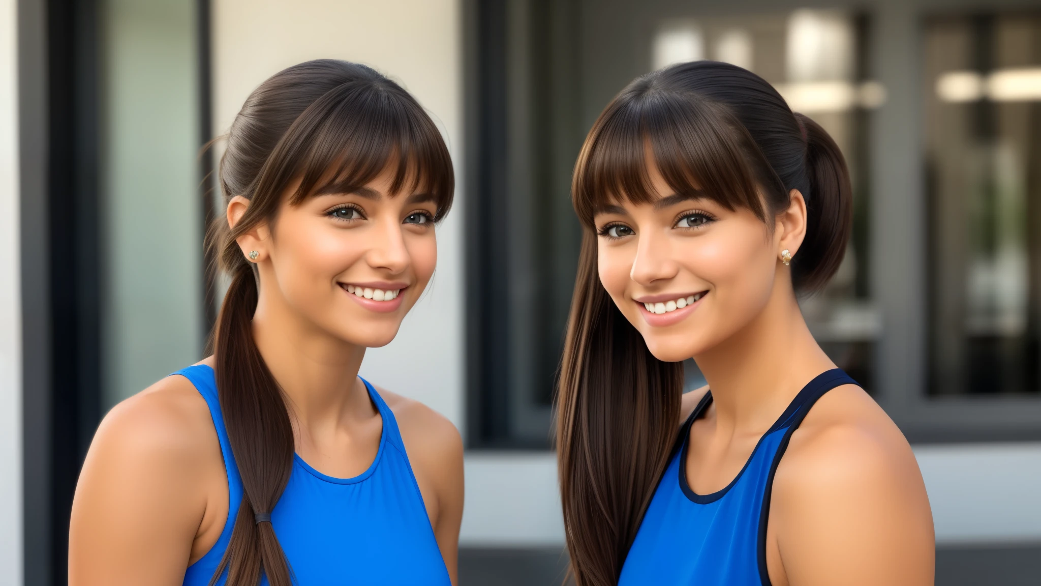 Isabel Merced and friend, portrait, hair in ponytail with bangs, blue eyes smiling, beautiful face, perfect face, ultra realistic, front view, photo realistic