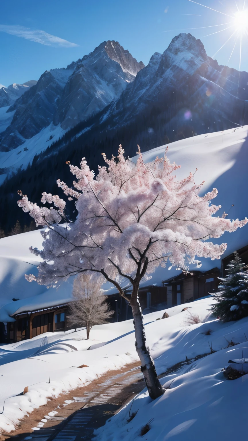 ((LOGO, AMAZING, 8K, TABLETOP, RAW PHOTO, Awesome, Top Quality, Photorealistic and Highly Detailed CG Integrated 8K Wallpaper, High Quality, Highly Detailed, Narrative Verse, Particle Effects, Dynamic Effects, Text Border Depth, Cinematic Light, Lens Flare, Ray Tracing, Tabletop, Realistic: 1.4, Ultra HD: 1.2, Realistic, Realistic)), Fantasy, Anatomically Correct, Snow and Hoarfrost, a frigid winter day, mountains and forests that have received snow, hoarfrost, mountains that have received snow, the beauty and brilliance of rime, the silence and beauty of the meadows in the world of ice and snow, the vast land, the lakeside, the splendor Scenery, beautiful natural scenery, wind, cherry blossoms, cherry blossom petals dancing, cherry blossom blizzard, falling petals