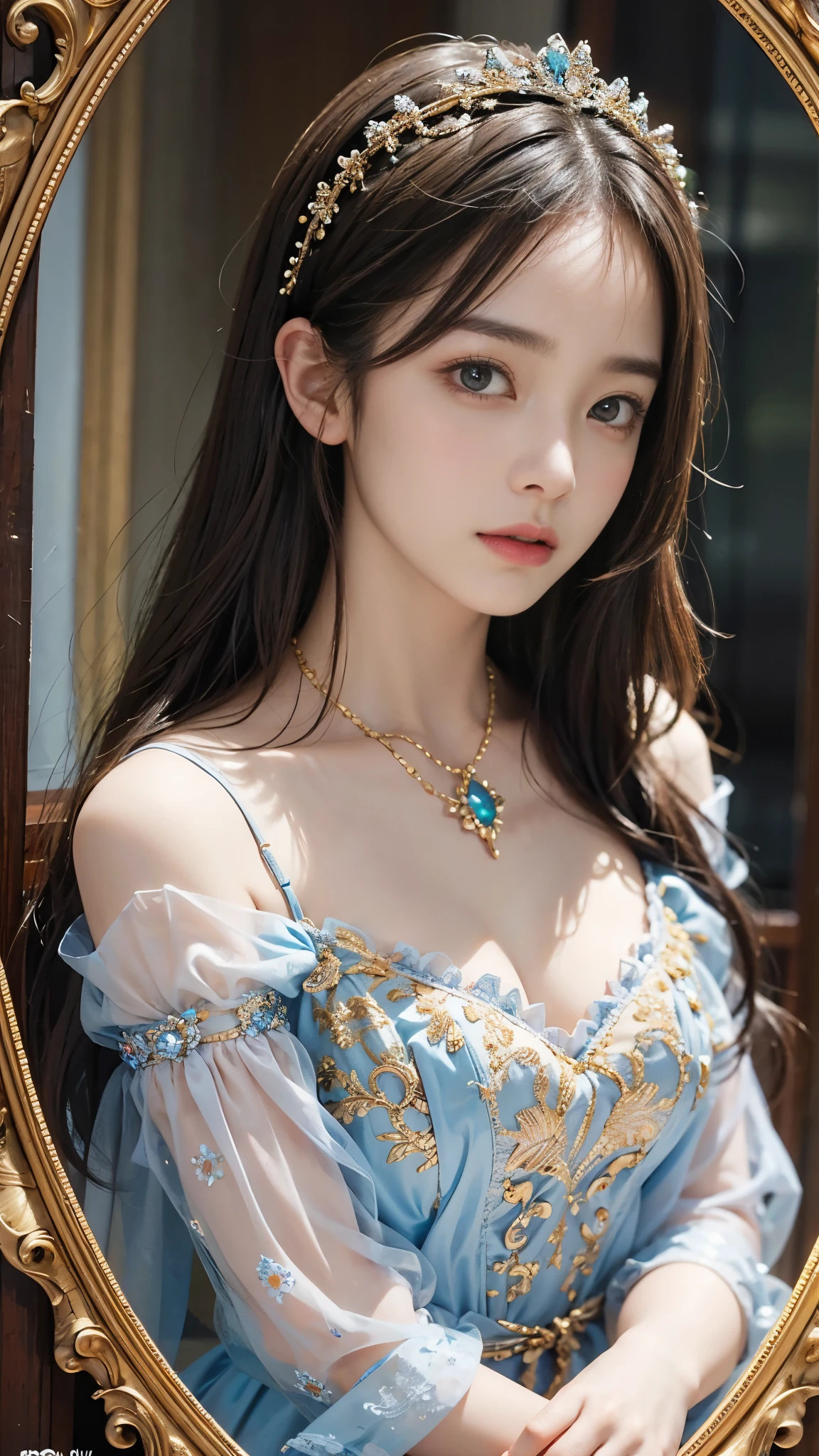 (Pure color: 0.9), (color: 1.1), (masterpiece: 1,2), highest quality, masterpiece, High resolution, original, highly detailed wallpaper, beauty, victorian, dress, melancholy, big breasts, Sepia color, 24-years-old ,(1 girl:1.3)、realistic pictures、Photoreal:1.4 , official art、Super detailed、beautiful and aesthetic、beautiful face、masterpiece、highest quality、The most beautiful skin、baroque jewelry、The most gorgeous gravure idol pose in the world、the most attractive body in the world、The whole body is reflected、((sensational gaze:1.2))、ecstasy face、climax expression、look up、look at viewer、((I can not stand it:1.5))