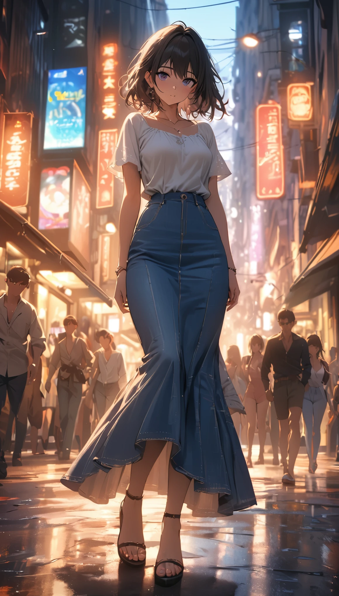 （（best quality））， （（masterpiece））， （detailed：1.4），（（Full body female love）），Enhanced dynamic viewing angle，beautiful sexy girl，summer，denim long skirt，（sunglasses），come to me，（Future sci-fi city street，Egg-shaped building），（（side）），street photography，bright colors，Dreamy and magical，Optics，high quality，Super fine，detailed，precise，movie lighting